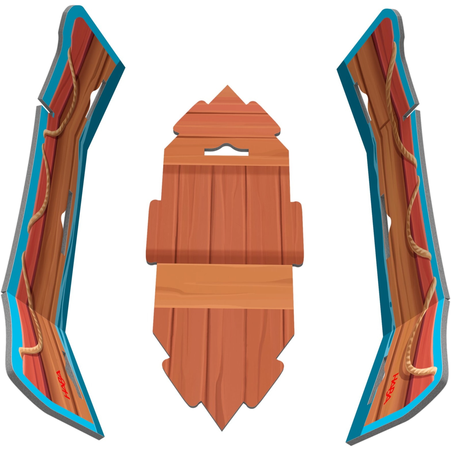 Trois pièces de bateau en bois avec des détails bleus et rouges. Fond blanc.