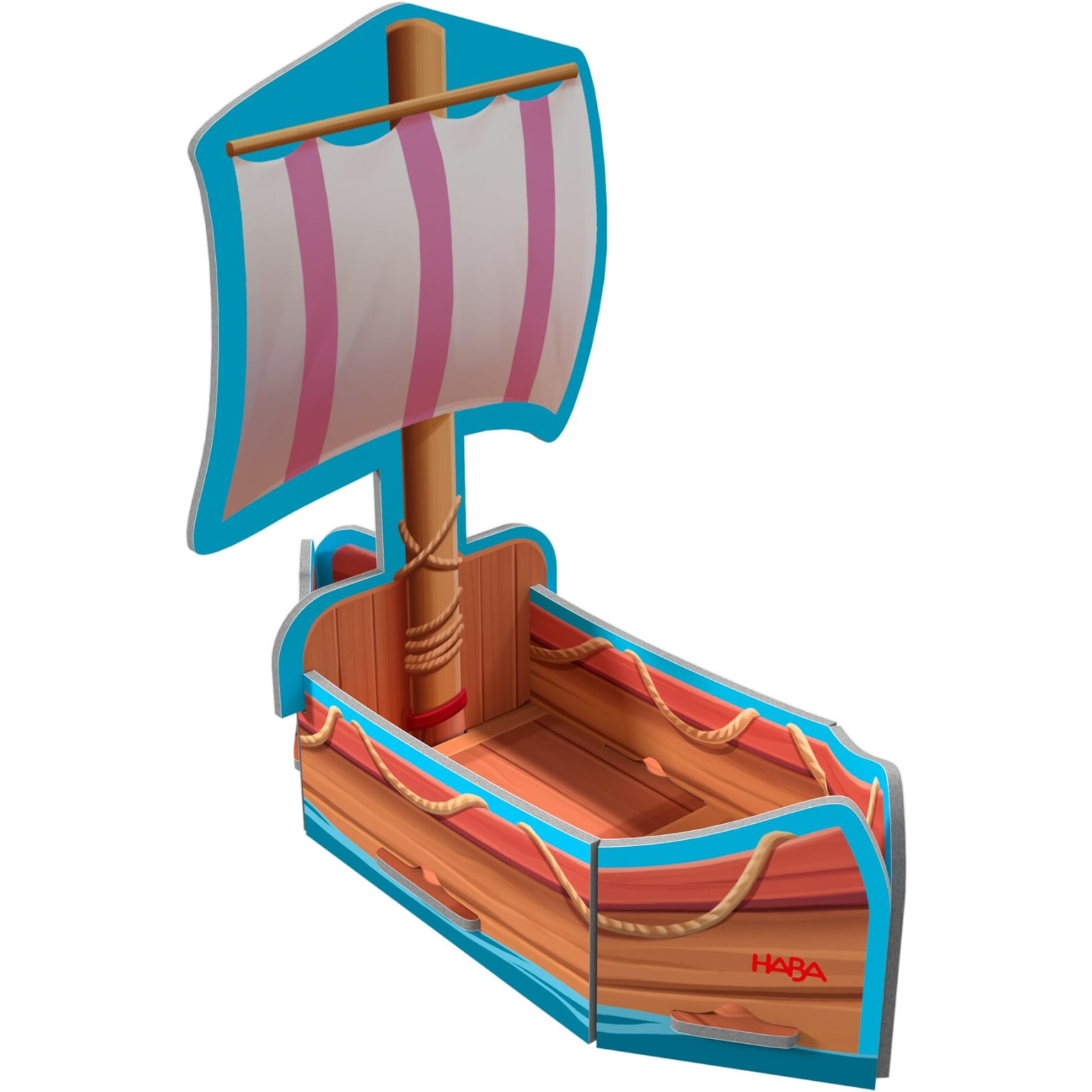 Jouet de bateau pirate, bleu et marron avec une voile rayée rouge et blanche. Fond blanc.