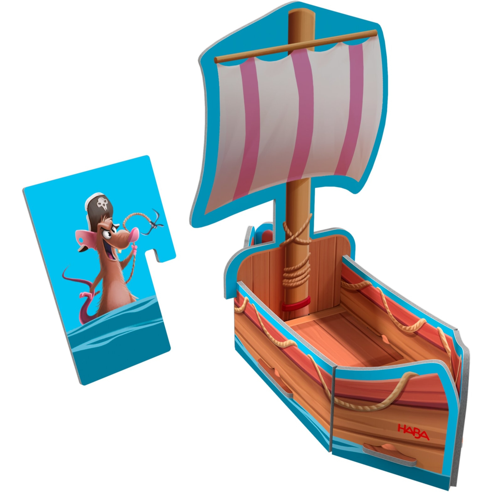 Puzzle de bateau pirate. Pièces de bateau en bois, une souris et un fond bleu.