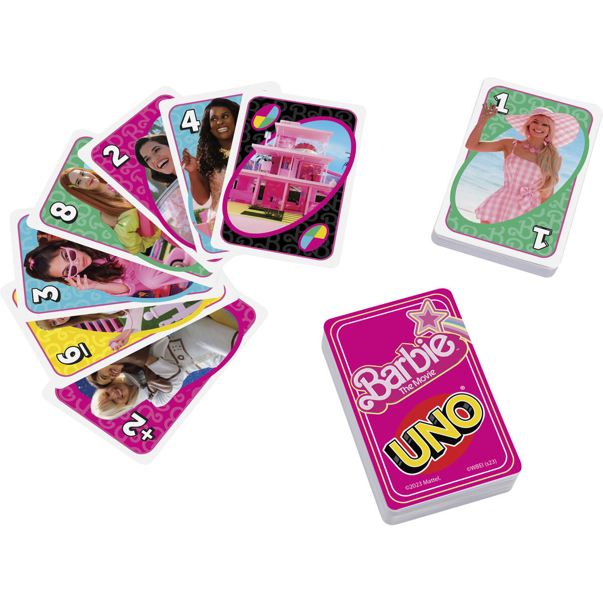 Carte UNO di Barbie. Varie immagini del film, scatola rosa e sfondo bianco.