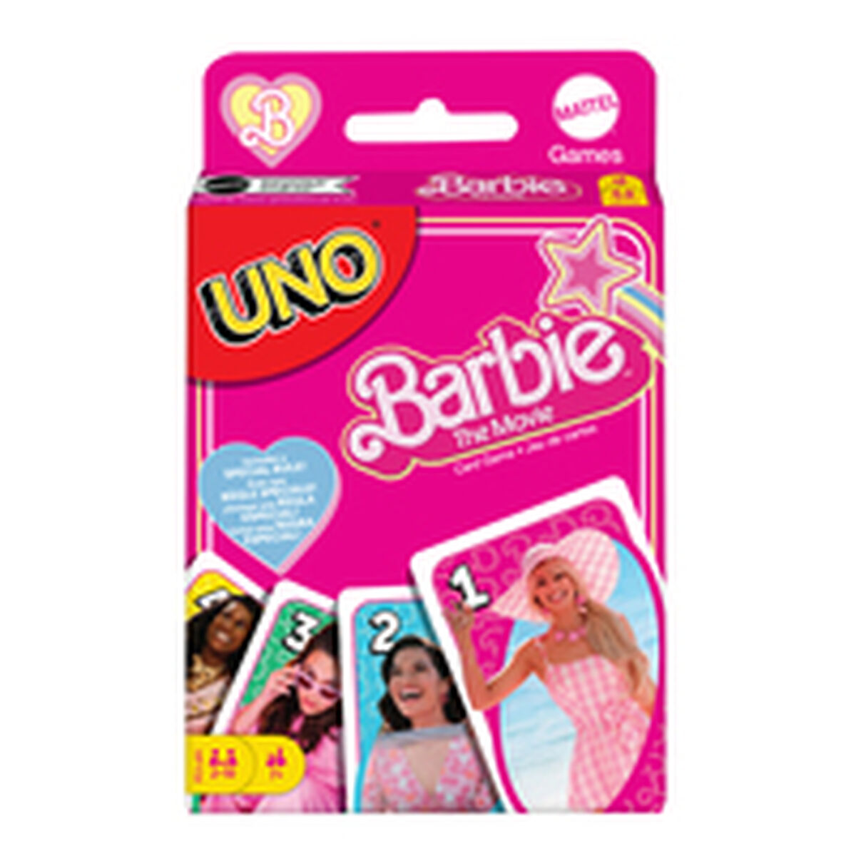 Scatola del gioco di carte UNO Barbie, sfondo rosa con carte colorate.