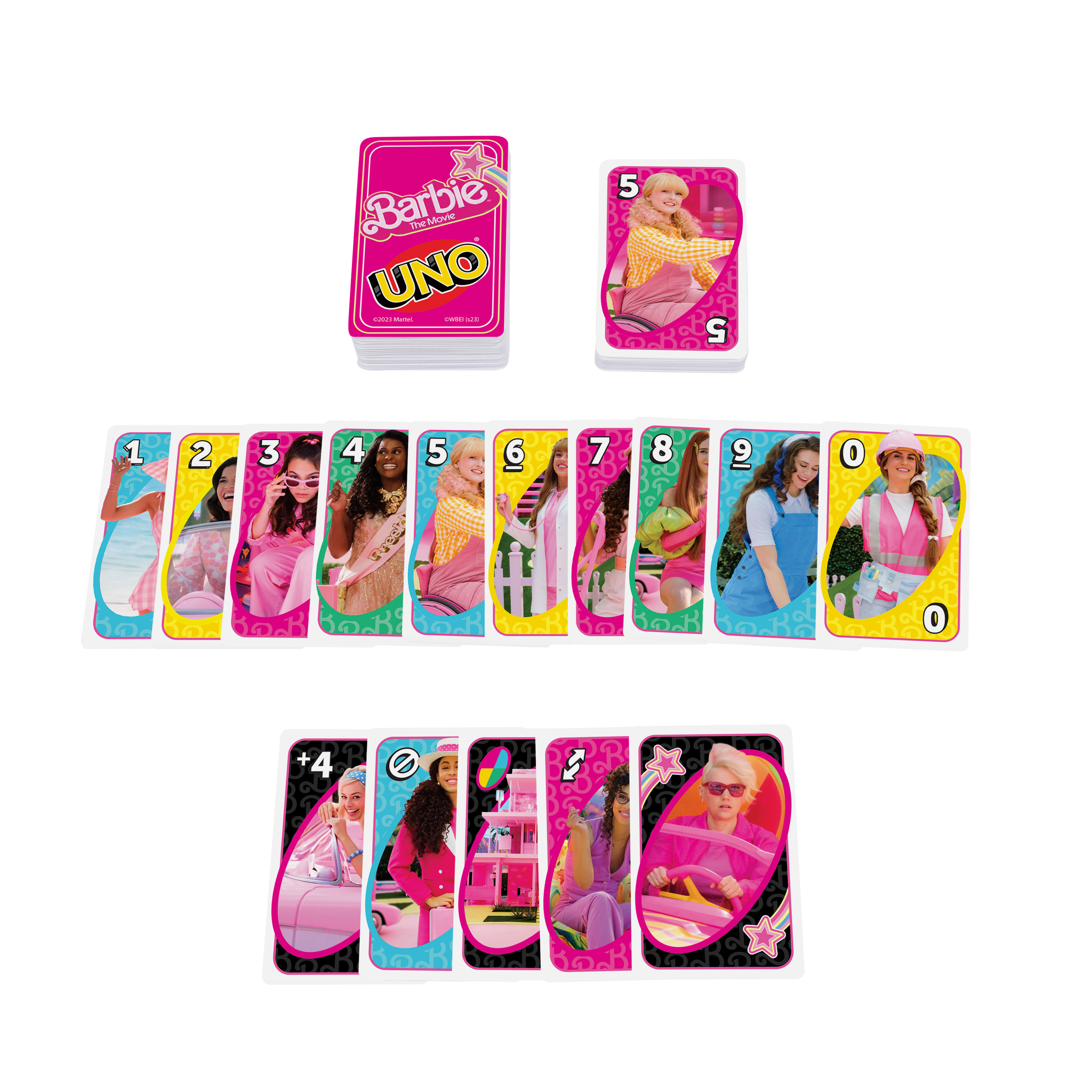 Carte UNO Barbie, sfondo rosa. Diverse carte in un mazzo e alcune sparse.