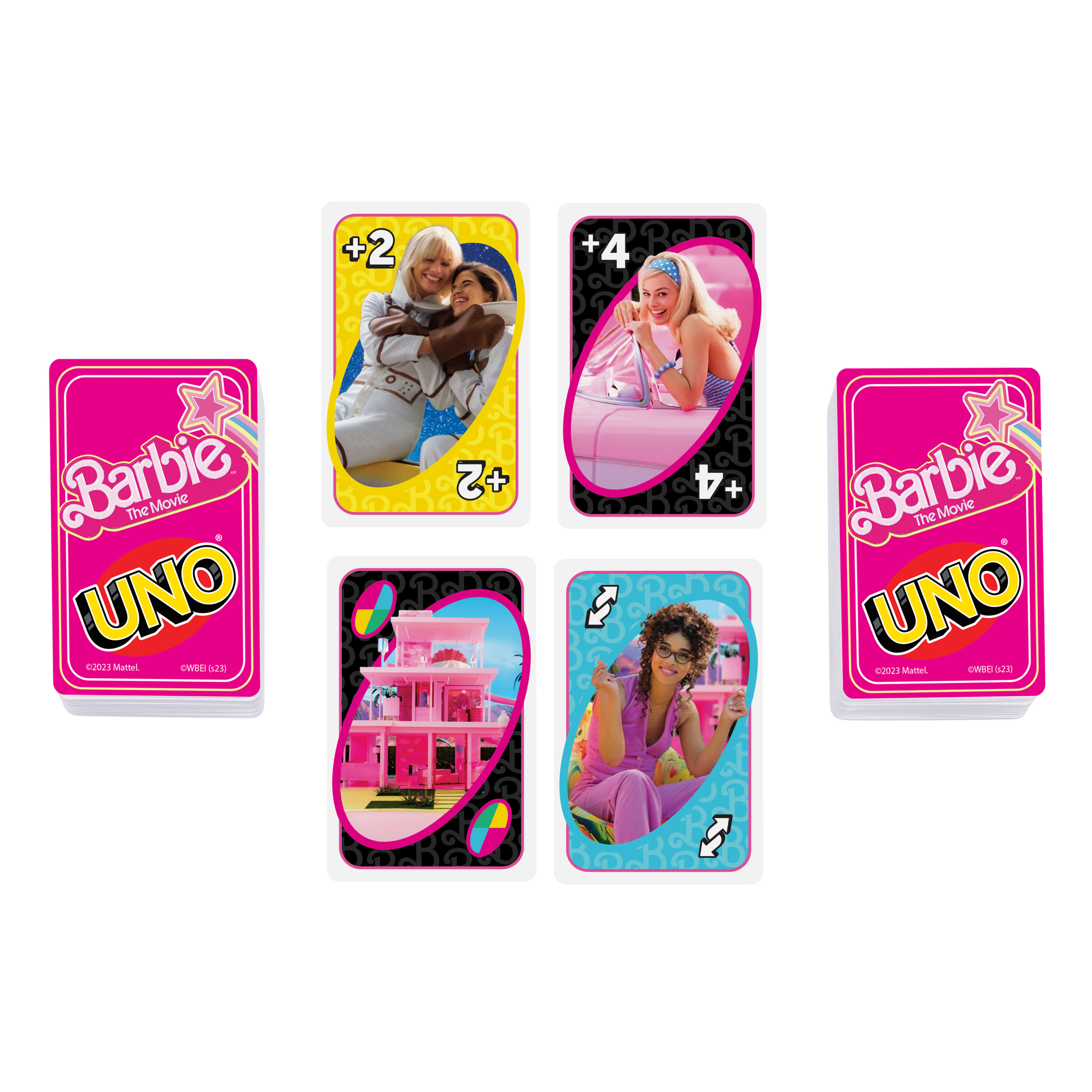Carte UNO Barbie, sfondo rosa. Diverse carte sparse, che mostrano scene del film Barbie.