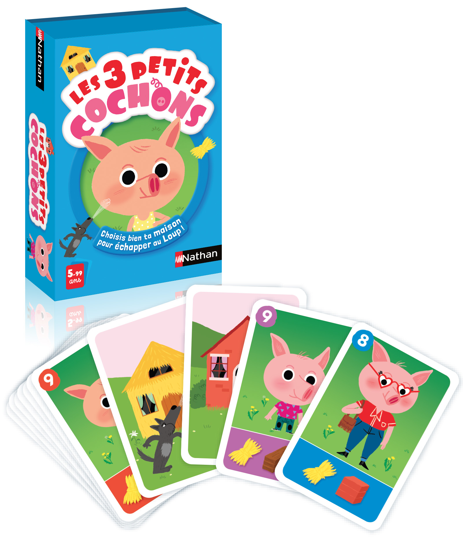 Ein Brettspielkarton und Karten mit Schweine-Illustrationen. Das Spiel ist für Kinder.