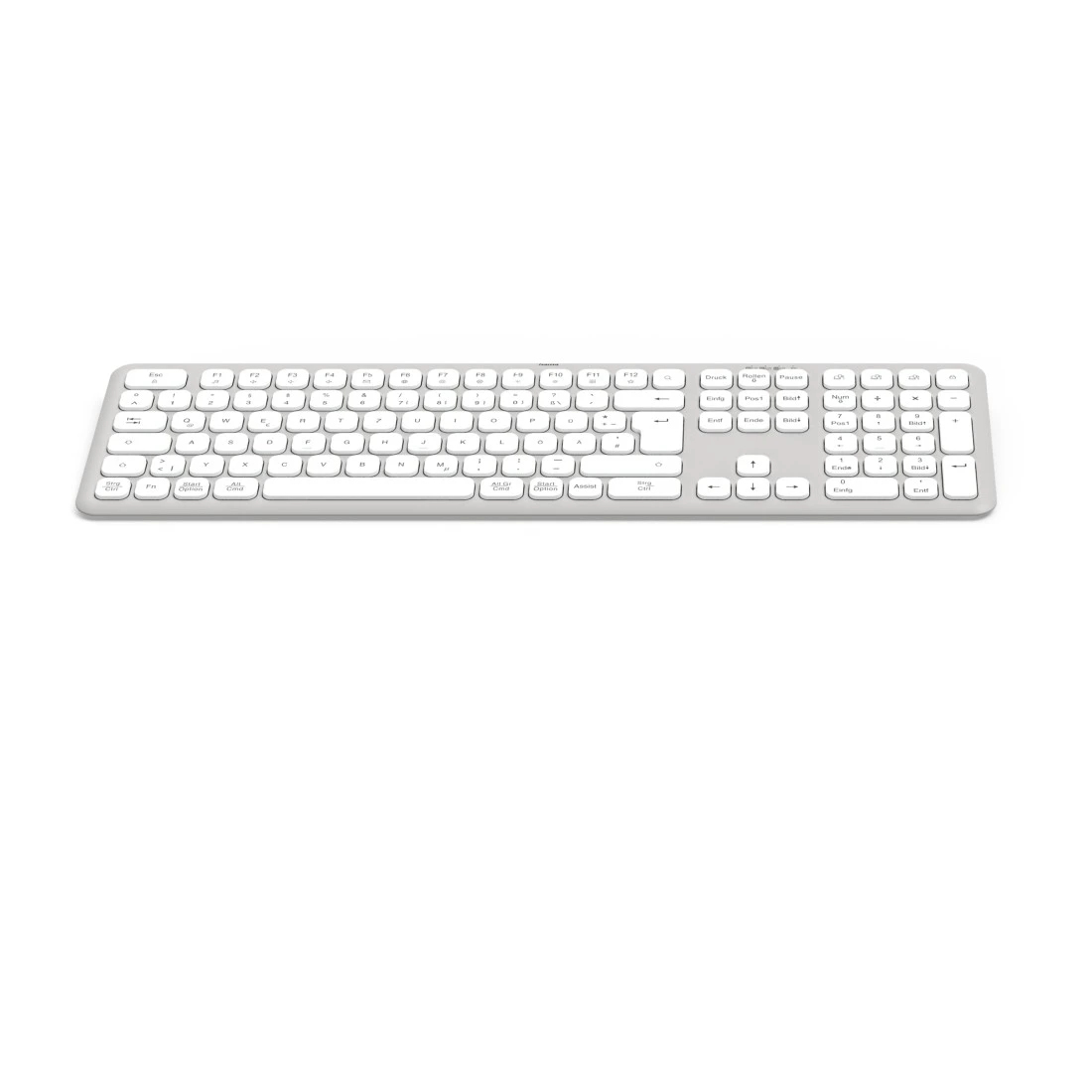 Un teclado plateado con teclas blancas y un fondo blanco.