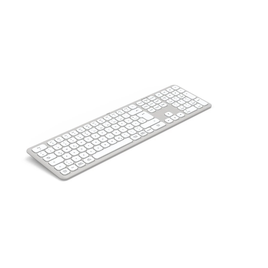 Teclado plateado con teclas blancas. Está sobre un fondo blanco.