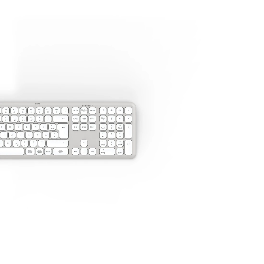Un teclado Hama blanco, vista superior. Las teclas son blancas, con letras y símbolos negros.