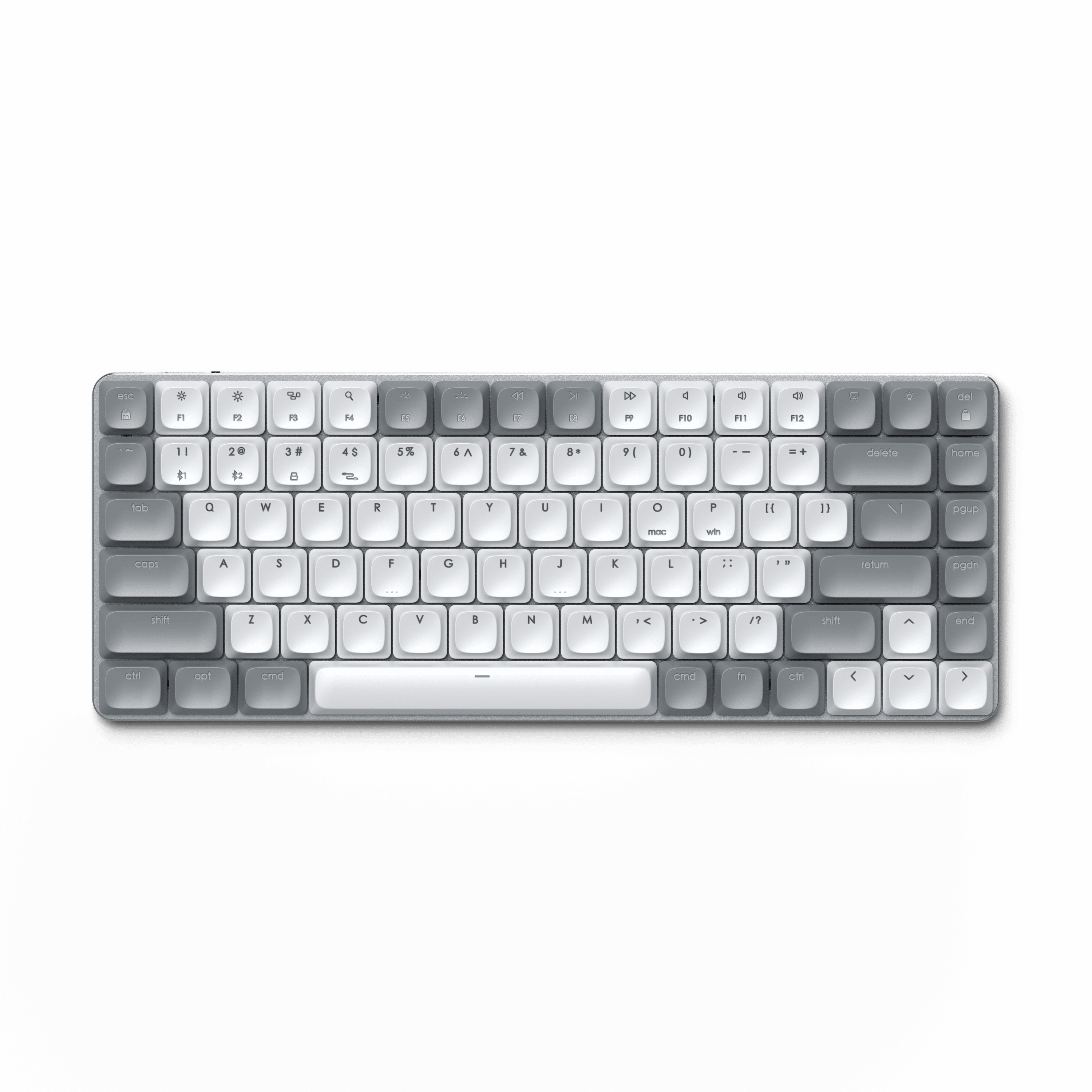 Kompakte, graue Tastatur mit weißen Tasten. Draufsicht auf weißem Hintergrund.
