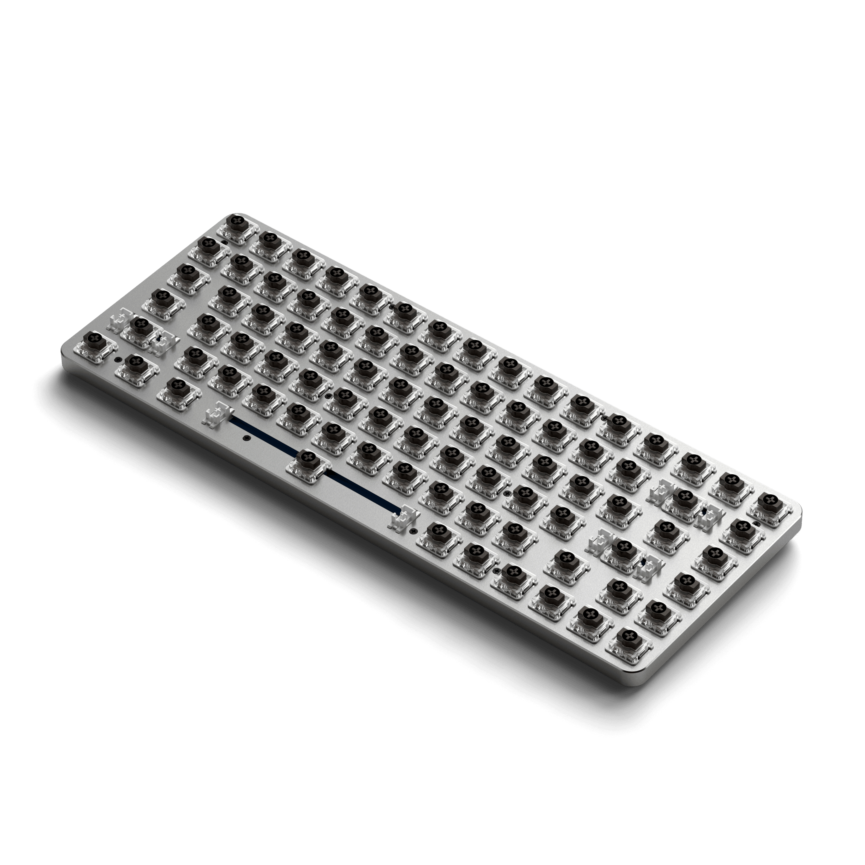 Silberne Tastaturbasis mit schwarzen Schaltern, ohne Tasten.