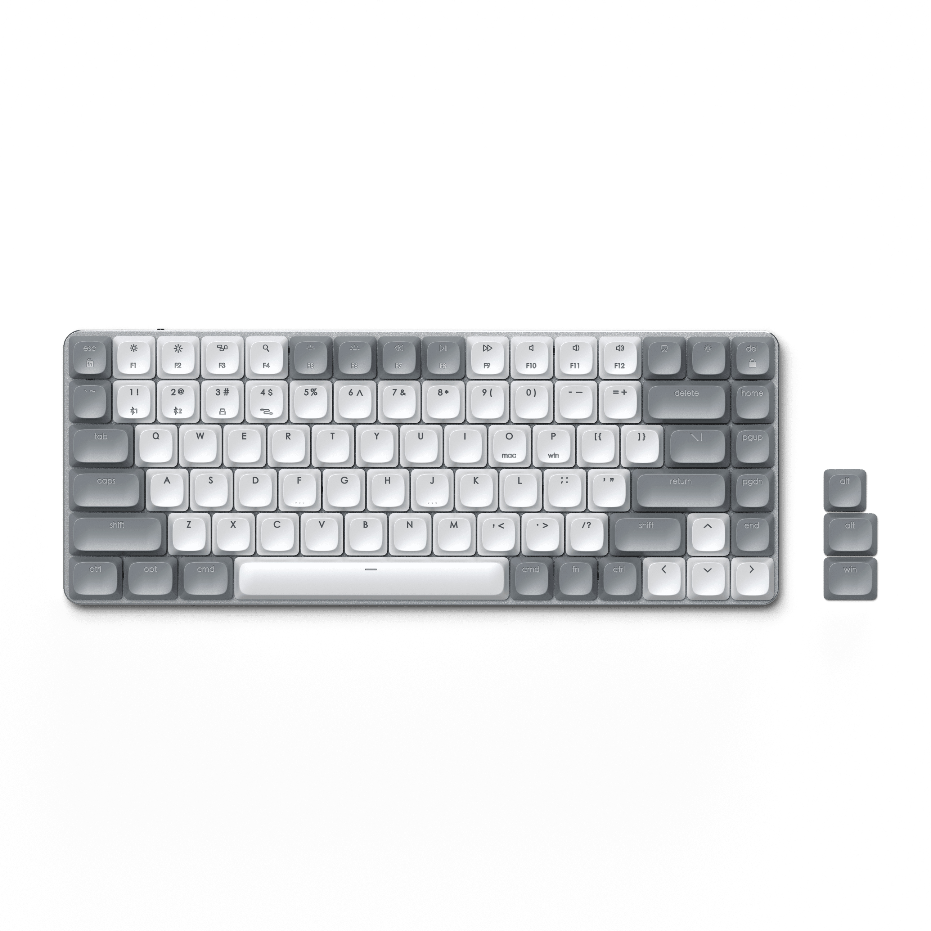 Kompakte, graue Tastatur mit weißen Tasten. Draufsicht auf weißem Hintergrund, mit zusätzlichen Tasten.