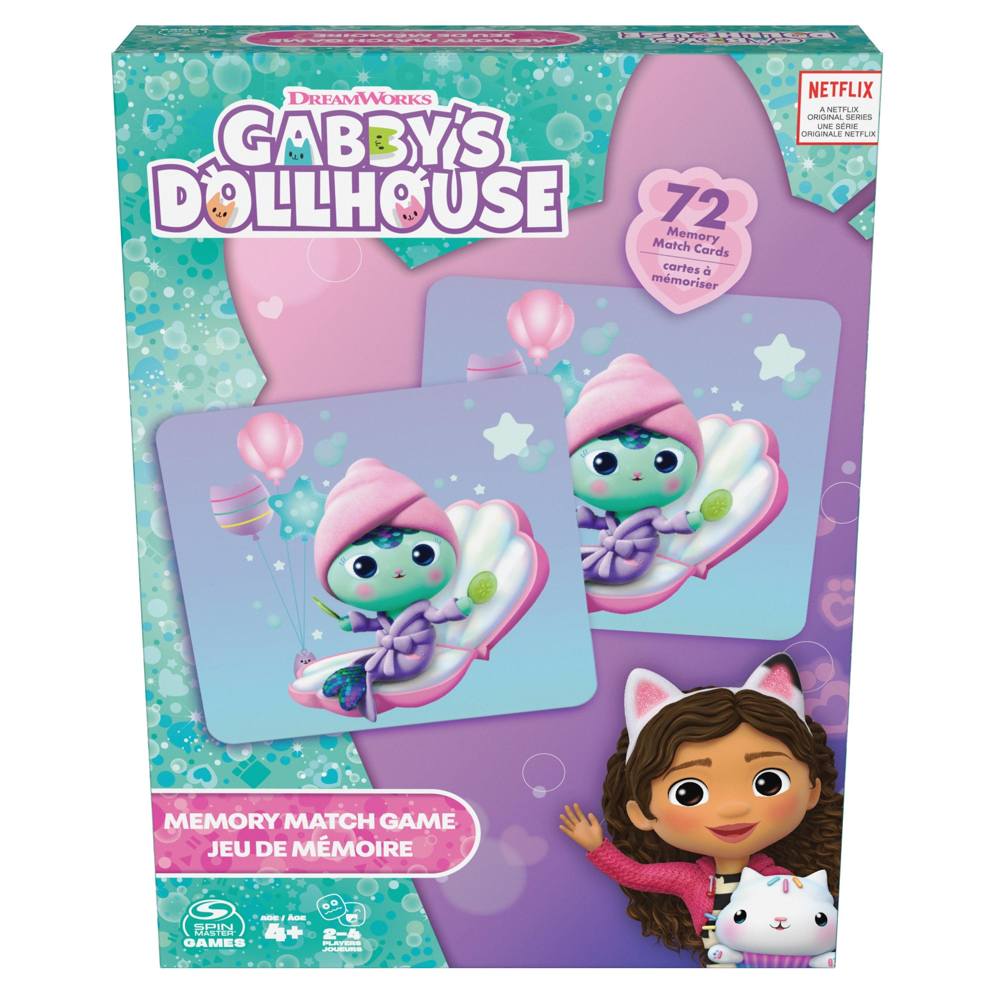Pudełko z grą pamięciową Gabby's Dollhouse. Zawiera Gabby i kota, z kartami pamięci i fioletowym tłem.