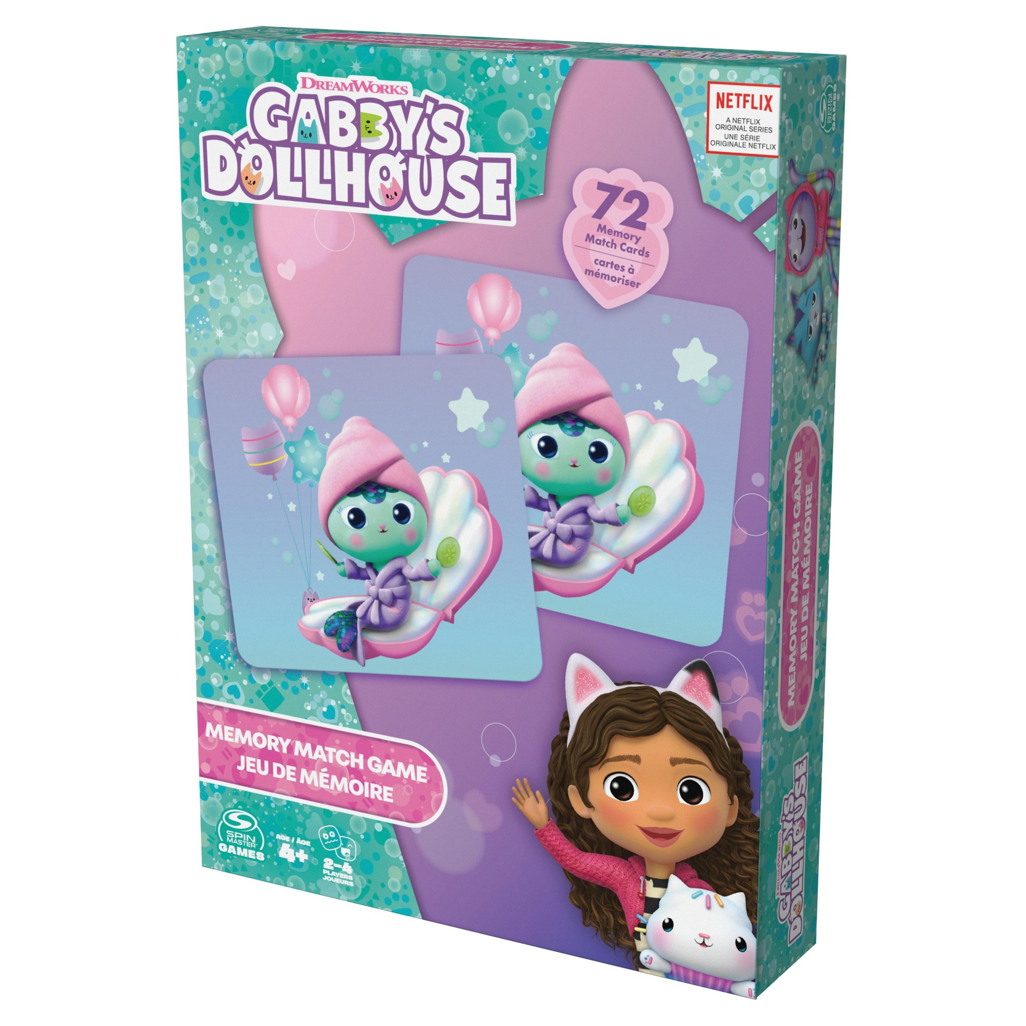 Pudełko z grą pamięciową Gabby's Dollhouse. Zawiera Gabby i kota, z kartami pamięci i fioletowym tłem.