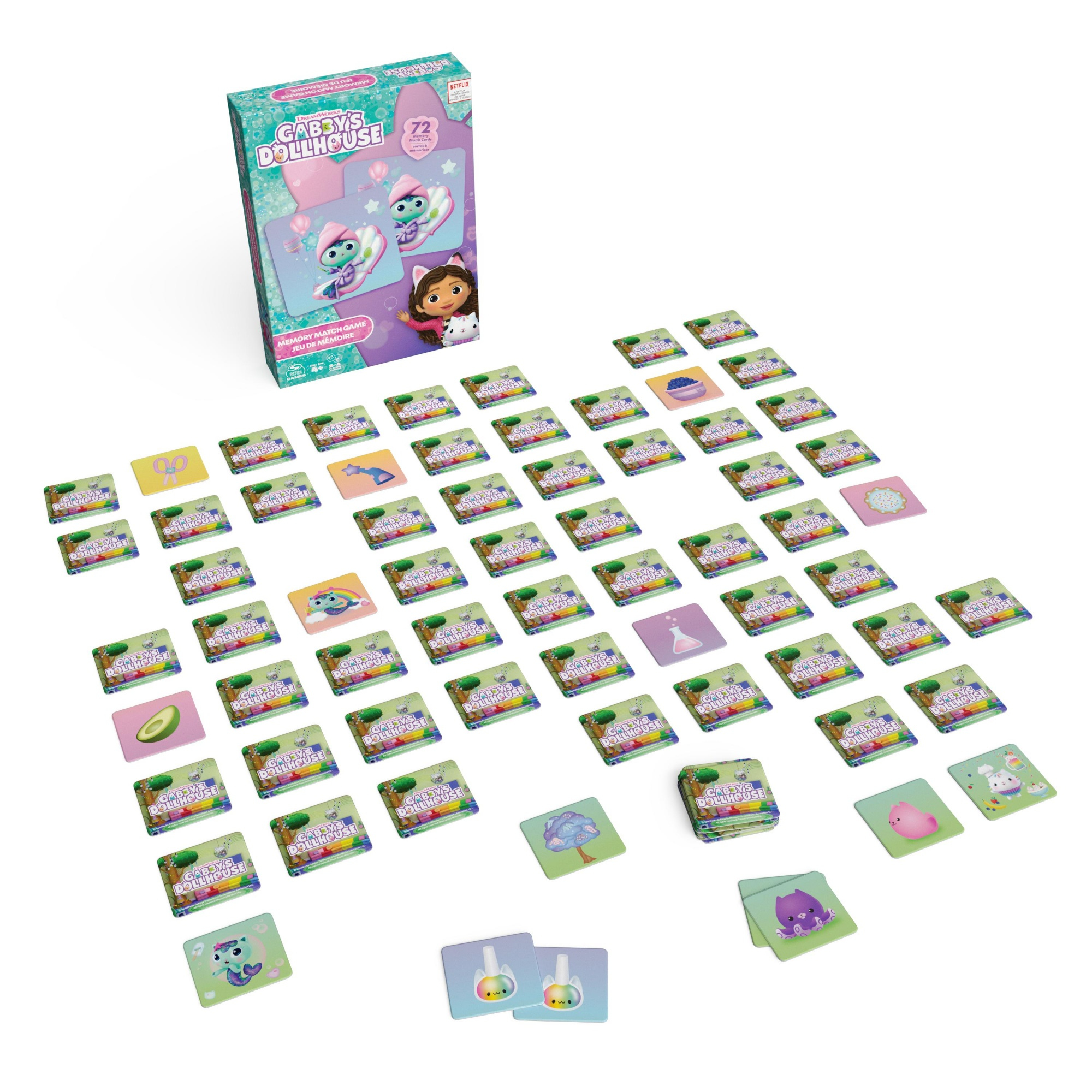 Zestaw gier z kartami. Karty z postaciami z Domku Gabby. Pudełko w lewym górnym rogu.