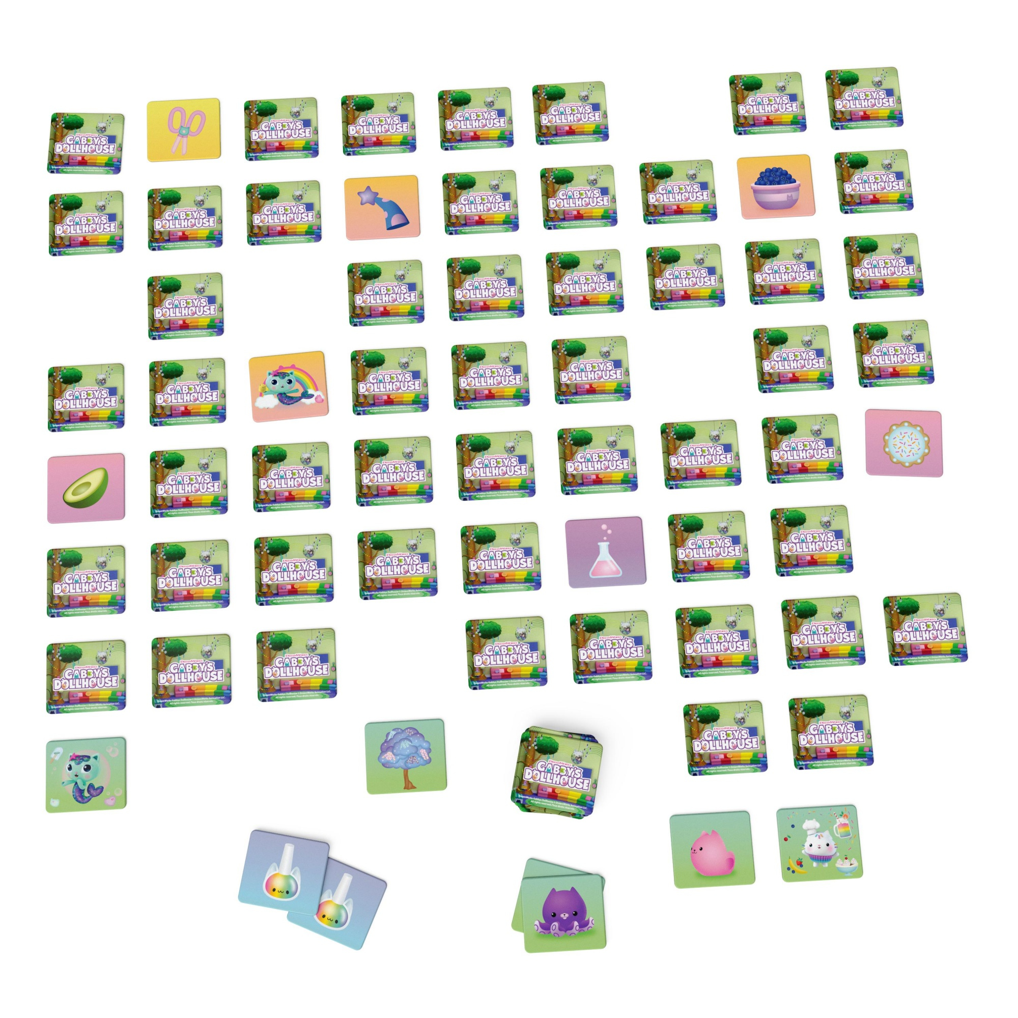 Wiele kart do gry pamięciowej Gabby's Dollhouse. Karty pokazują postacie i przedmioty. Białe tło.