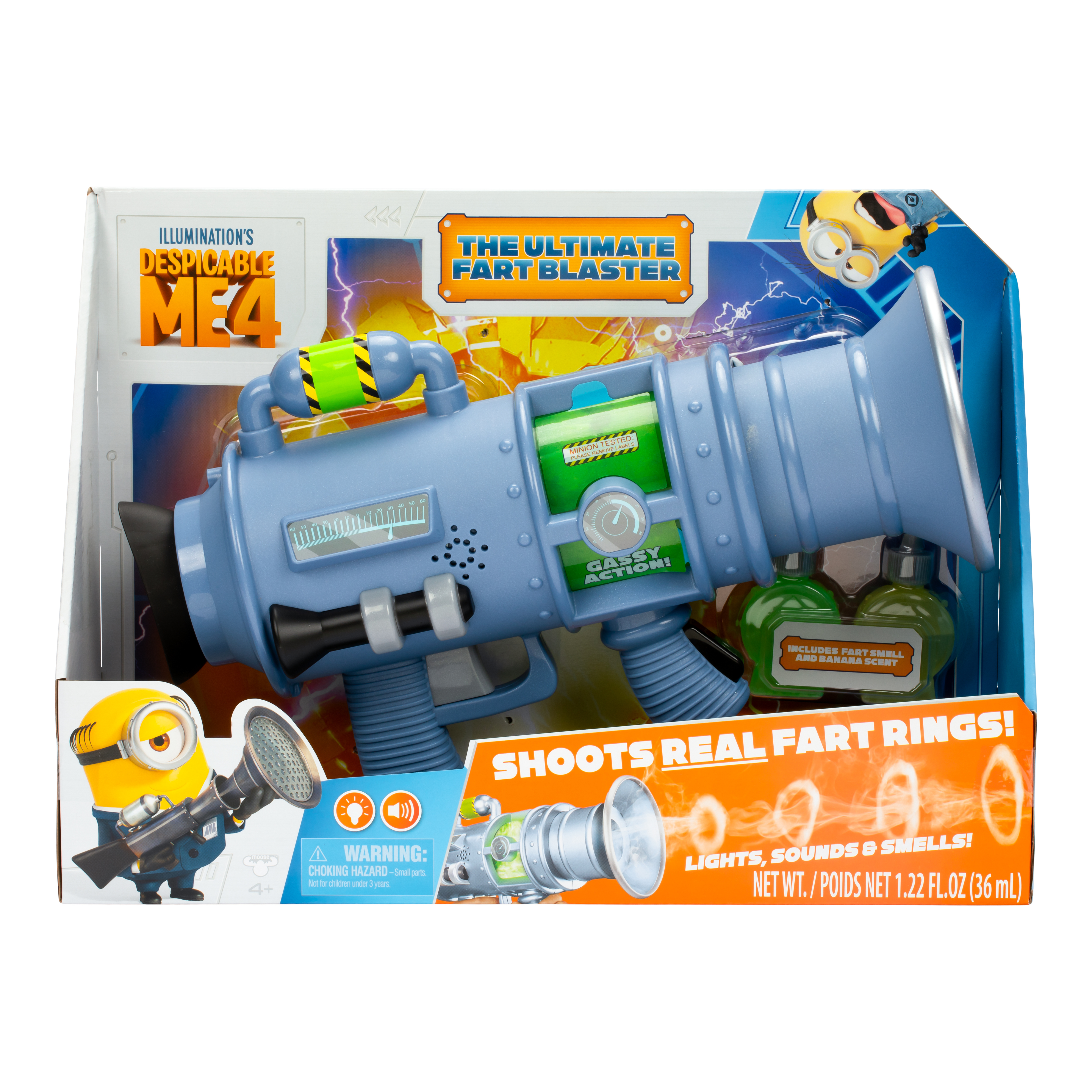 Eine Spielzeugpistole, die Furzringe verschießt. Die Box hat einen Minion, die Pistole ist blau.