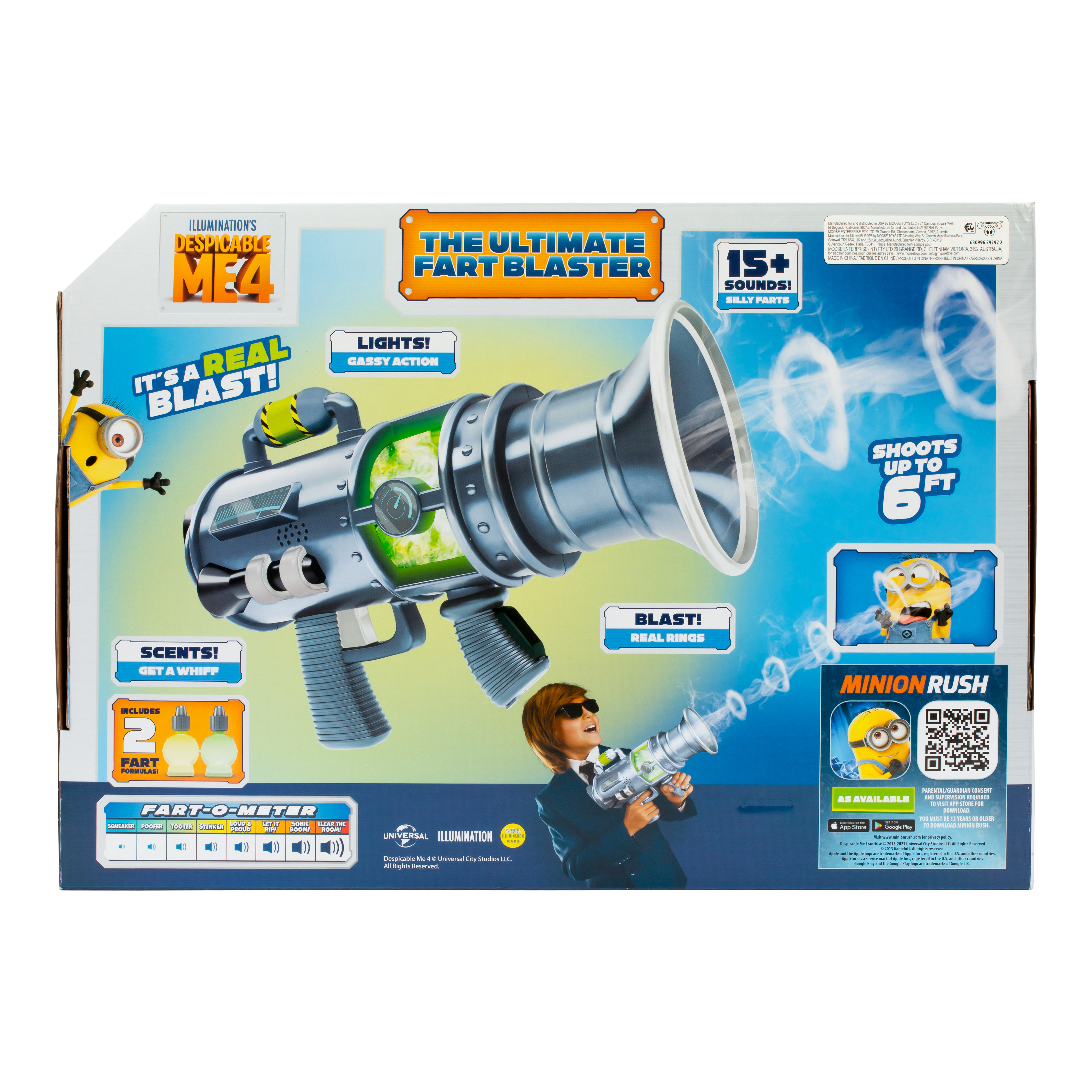 Schachtel einer Spielzeugpistole, mit Bild der Pistole und Minions darauf.