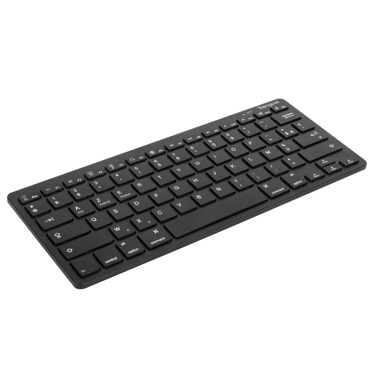Schwarze, drahtlose Tastatur mit weißen Tasten. Marke Targus. Die Tastatur liegt auf einer weißen Oberfläche.