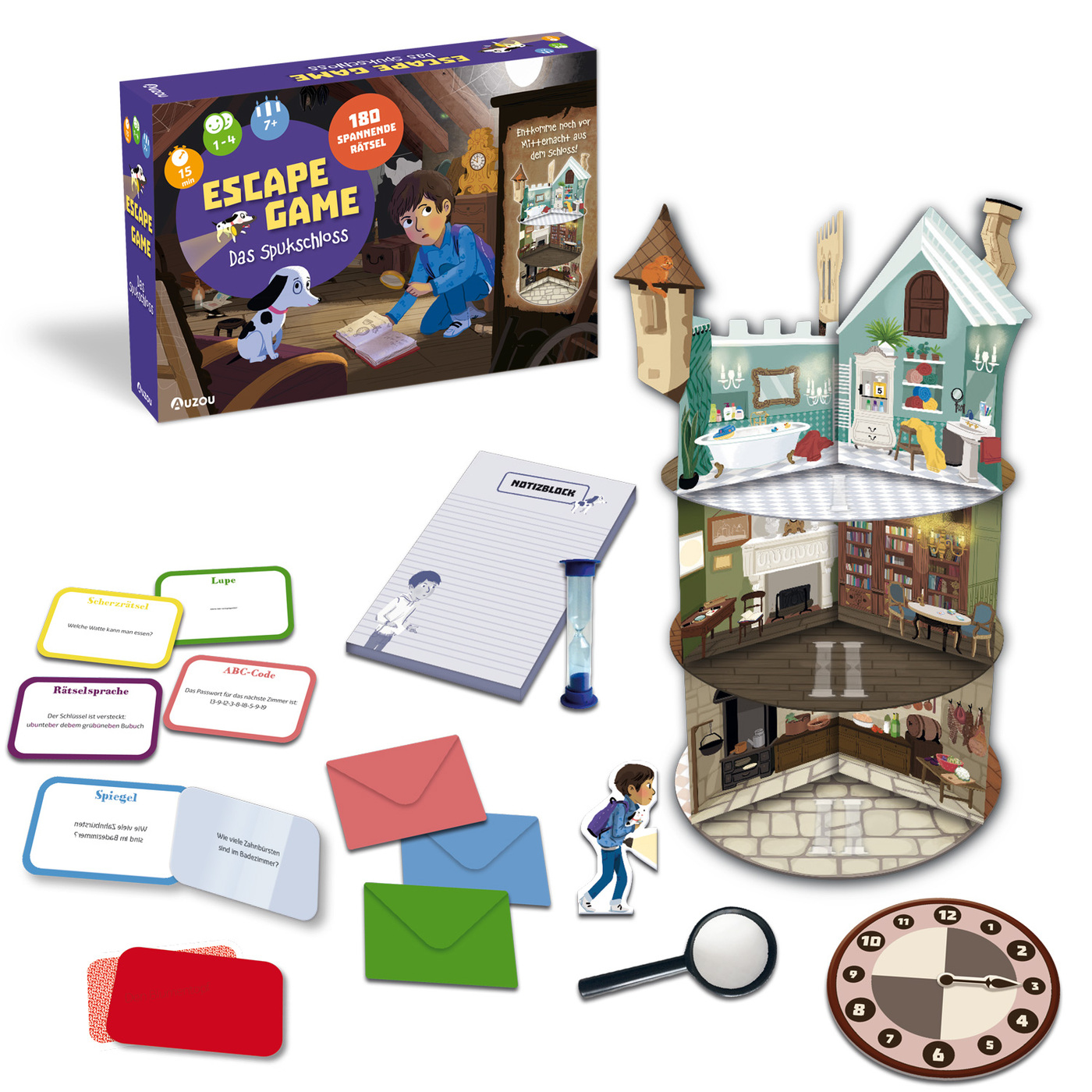 Escape-Game-Set mit Box, Hausmodell, Karten und anderen Spielkomponenten.