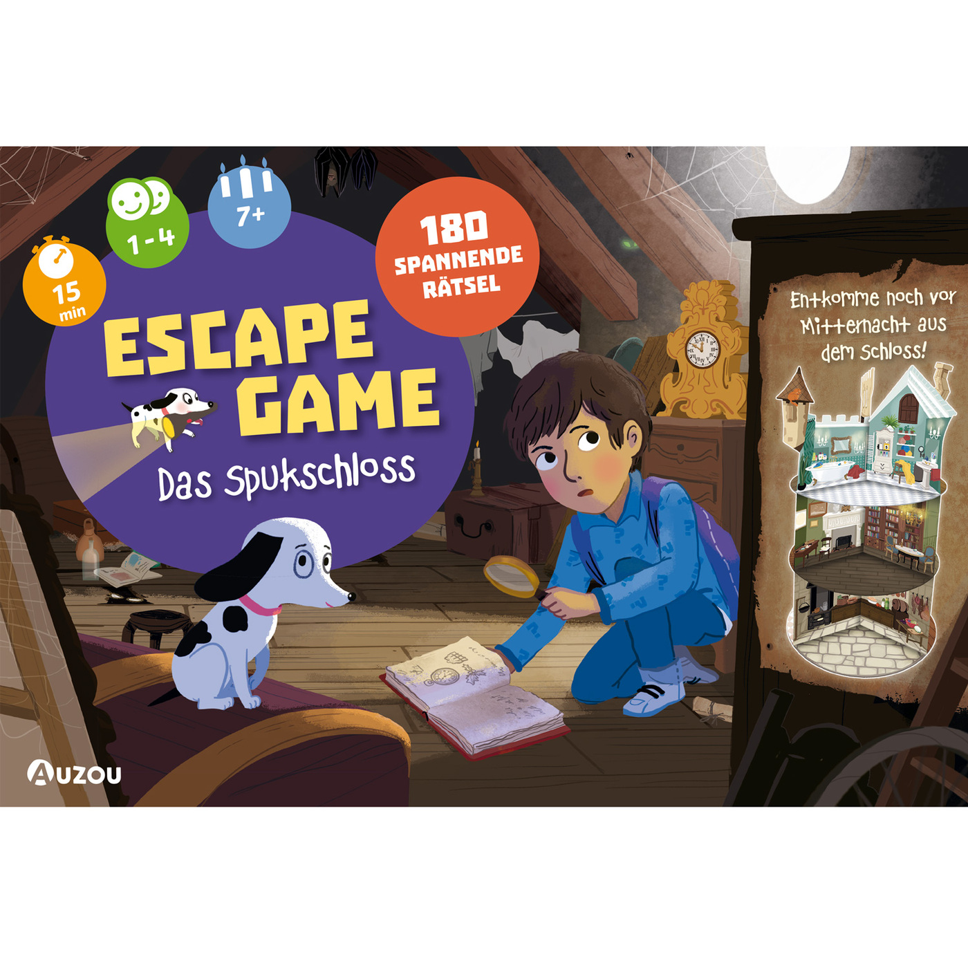Escape-Game-Box mit einem Jungen, Hund und einer Burgillustration auf weißem Hintergrund.
