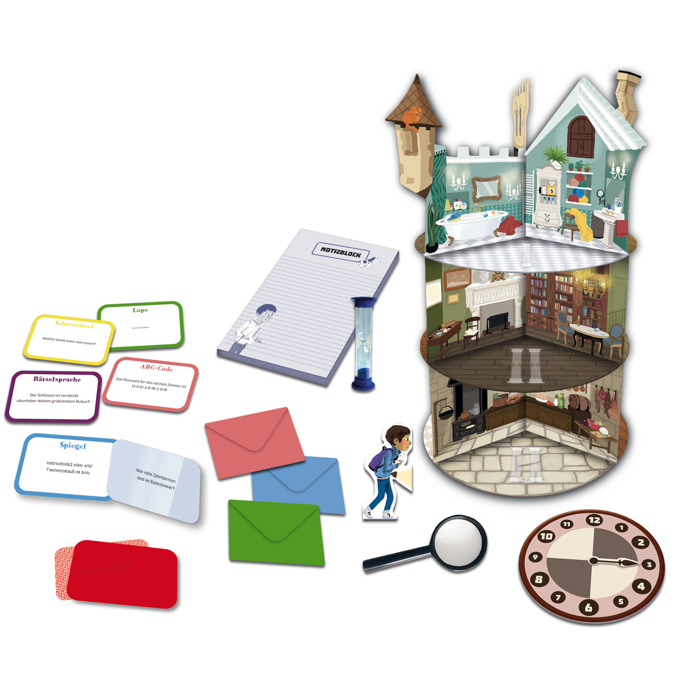 Escape-Game-Set mit verschiedenen Hinweisen, einem Hausmodell, einer Uhr und einer Jungenfigur, auf Weiß.