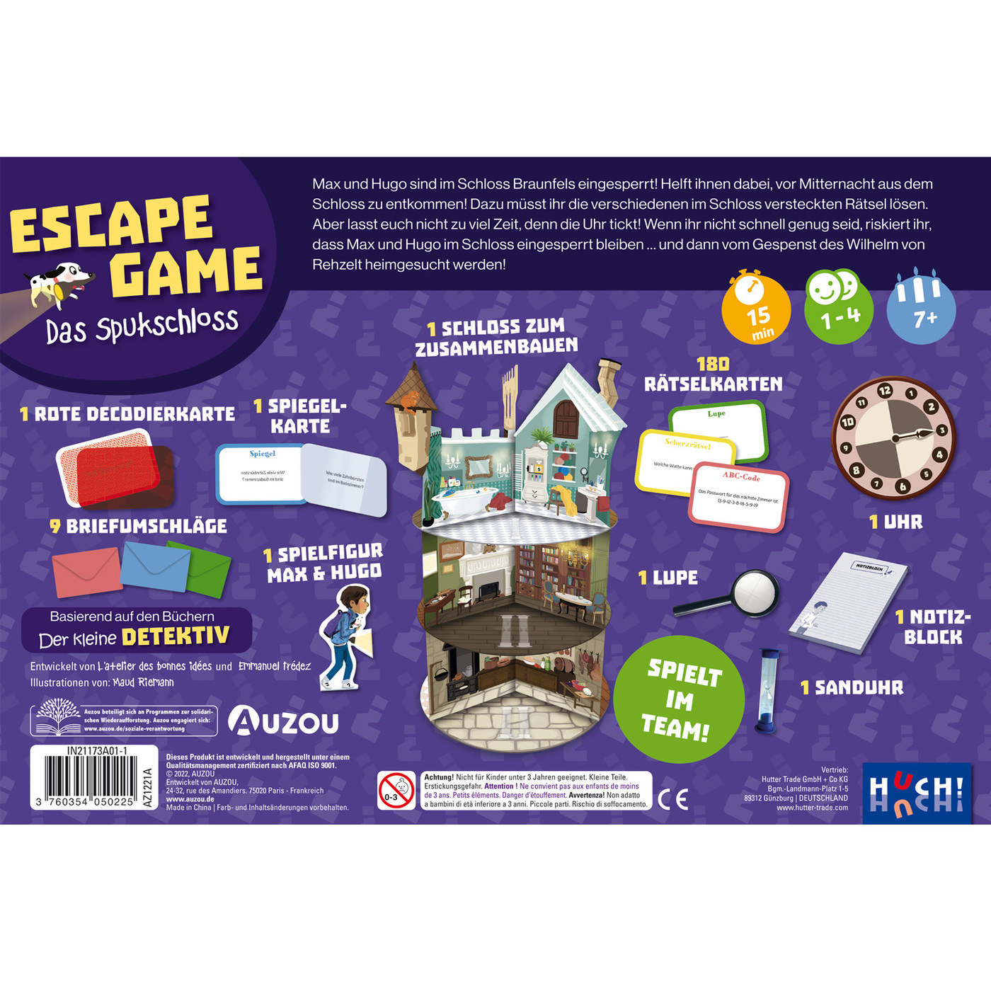 Escape-Game-Box-Set mit einem Jungen, Hund und einer Burgillustration auf weißem Hintergrund.