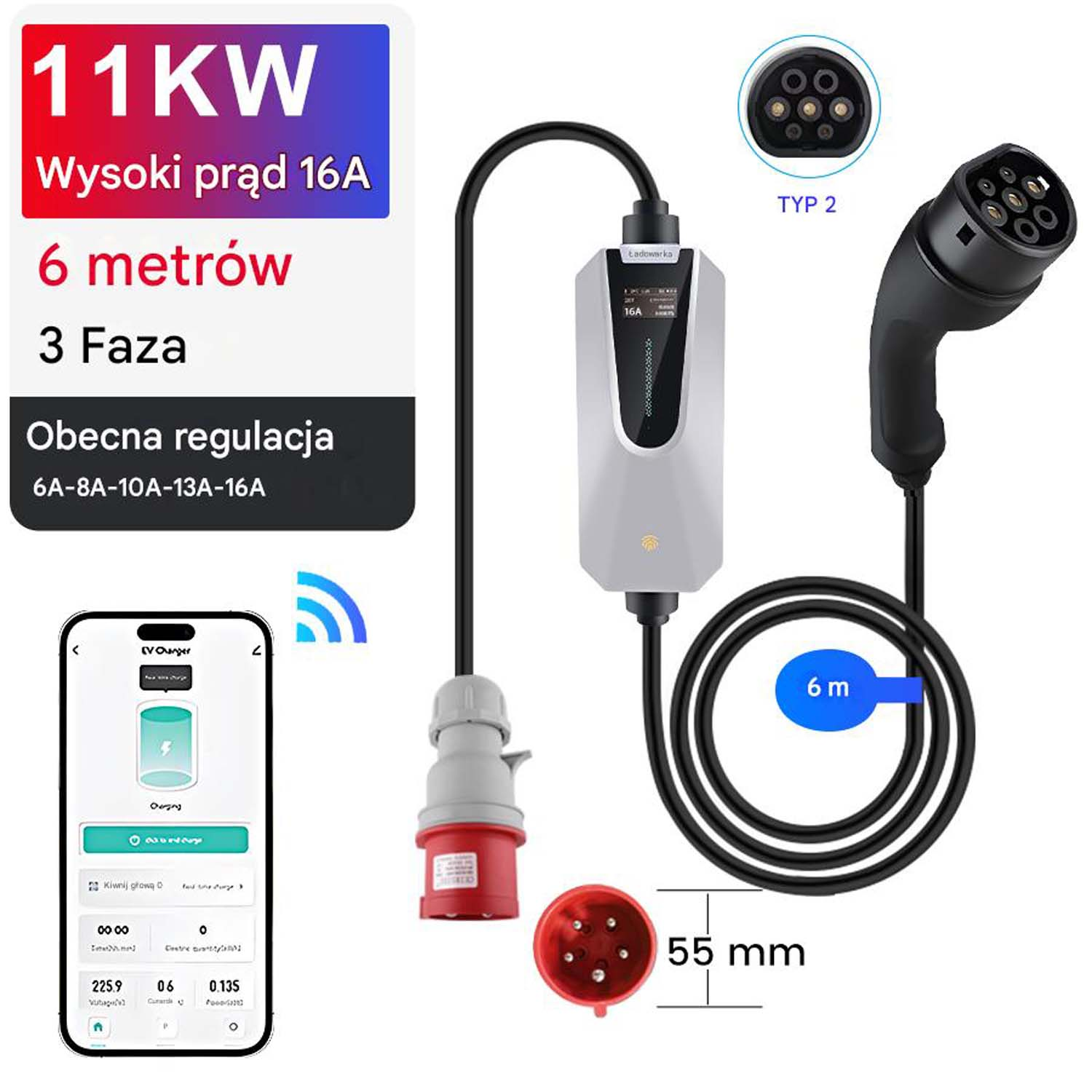 Ładowarka EV i kabel ładujący. Ładowarka jest biała z niebieskimi i czarnymi detalami. Tekst jest widoczny.