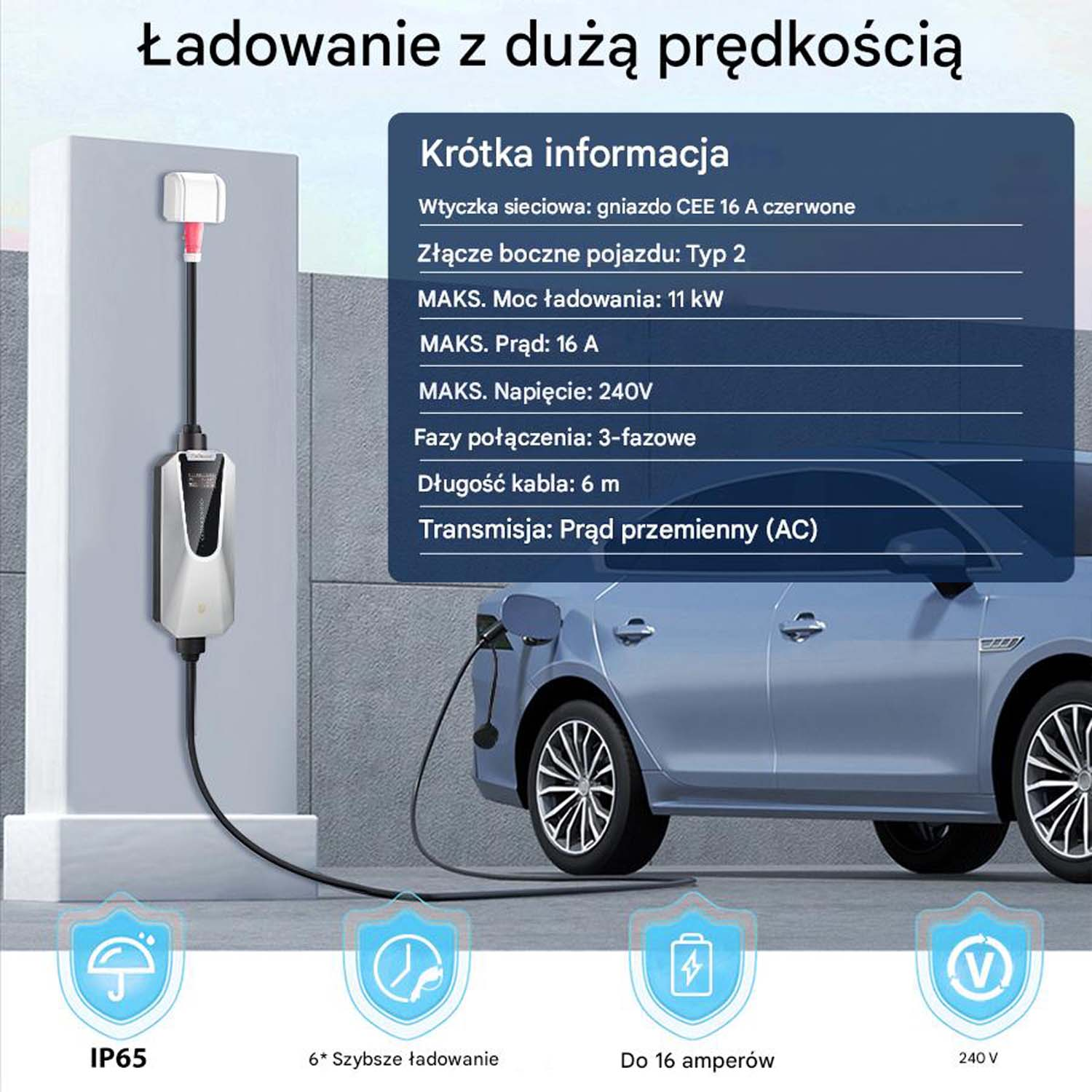 Samochód elektryczny ładujący się na stacji ładowania. Widoczna tabela danych z danymi technicznymi.