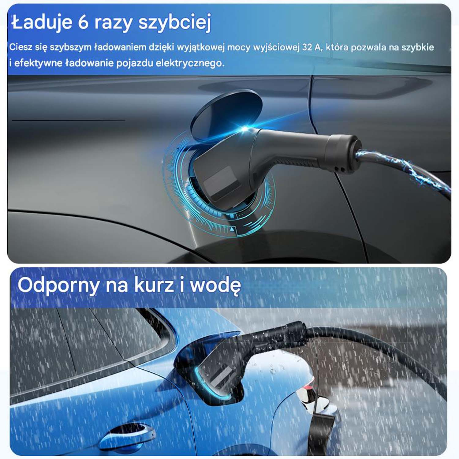 EV ładujące samochód. Pokazuje podłączoną ładowarkę i ładowanie w deszczu.