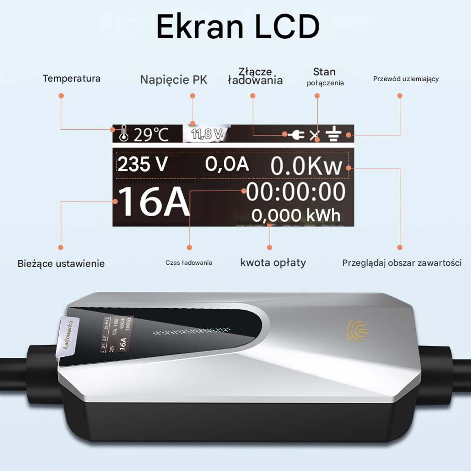 Ekran LCD wyświetla temperaturę, napięcie, prąd, moc i czas ładowania.