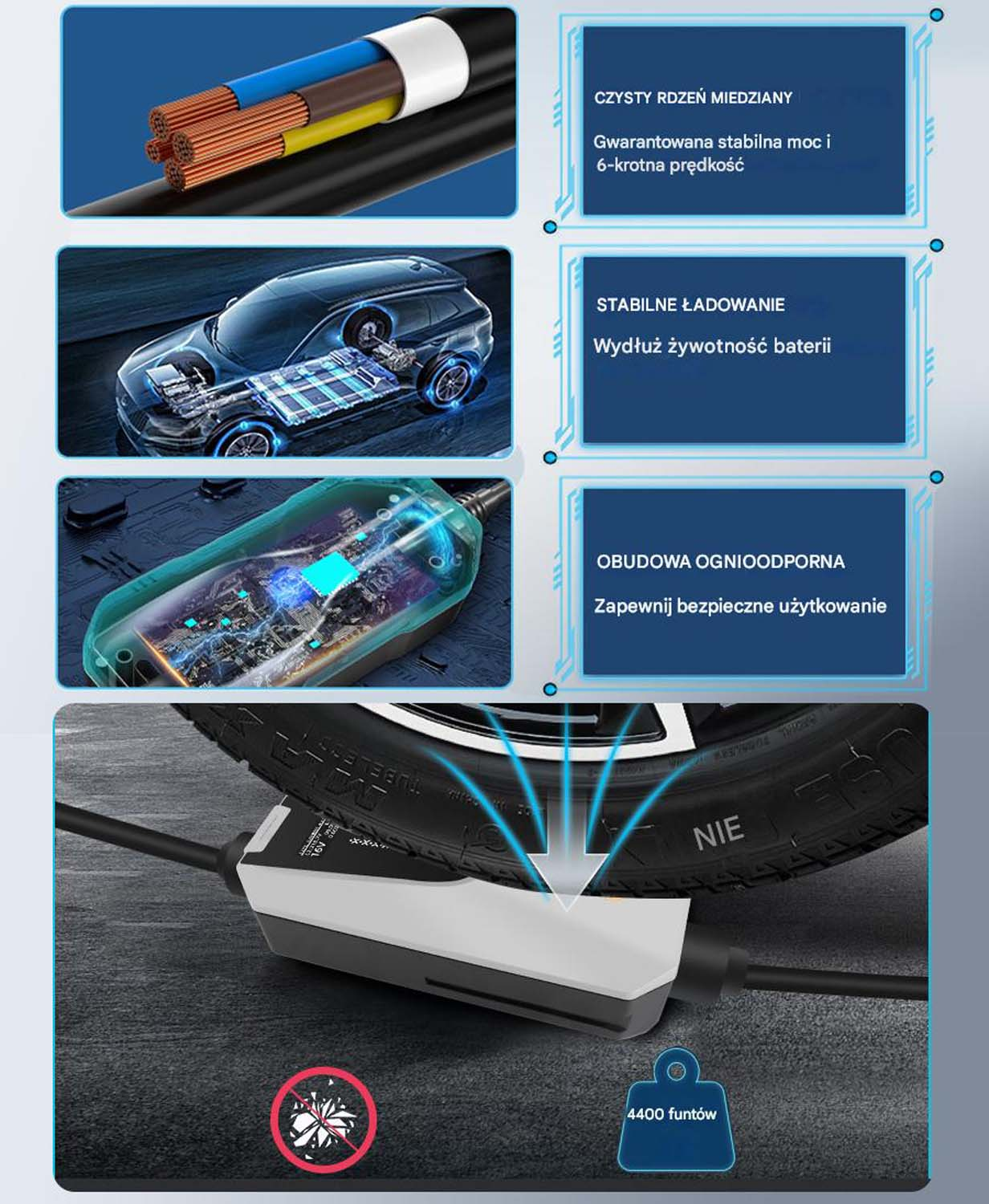 Schemat szczegółowo przedstawiający kabel do ładowania EV. Pokazuje kabel z przekrojami i szczegółami.