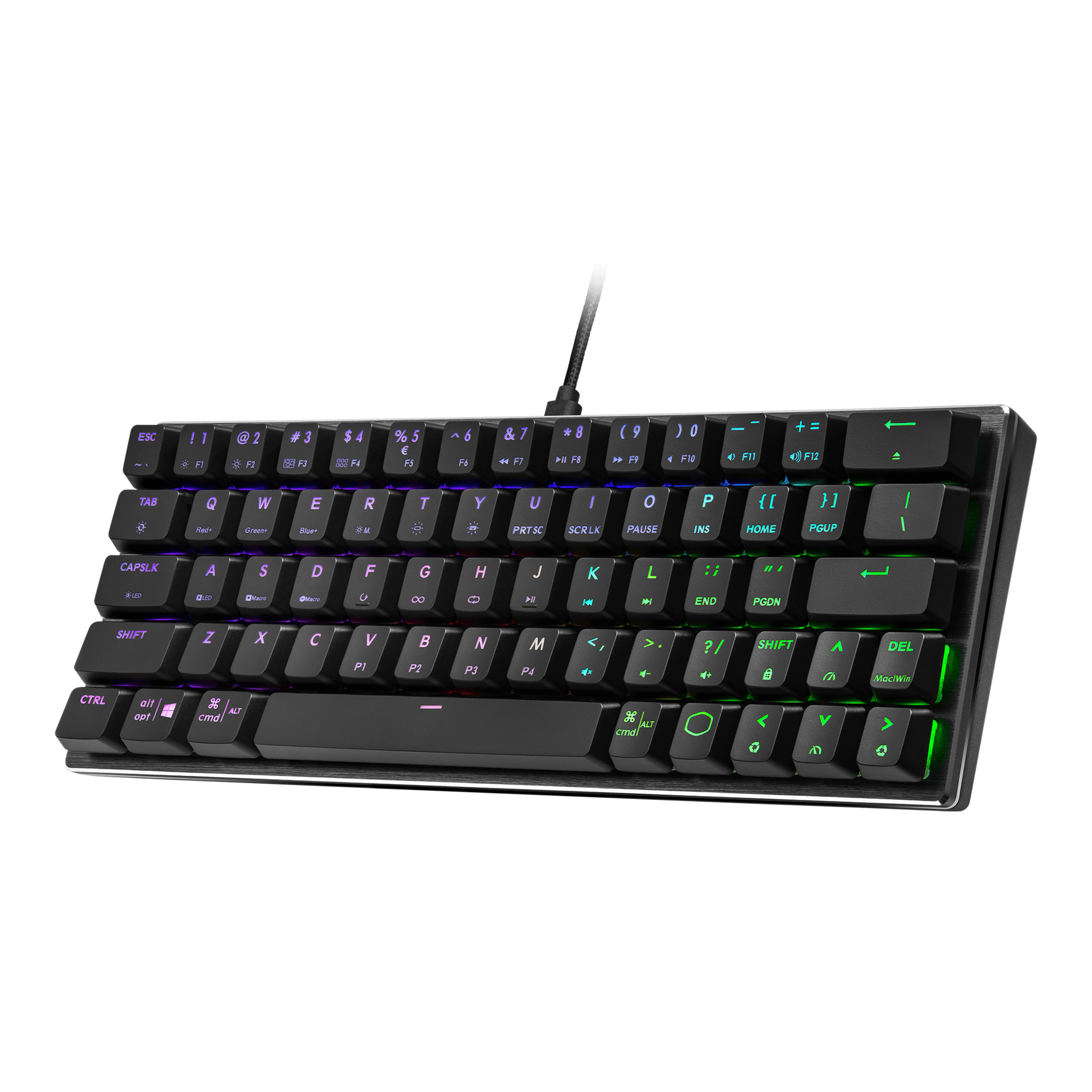 RGB aydınlatmalı siyah kompakt klavye. Birkaç tuşla standart bir düzene sahiptir. Tuşlar yanıyor.