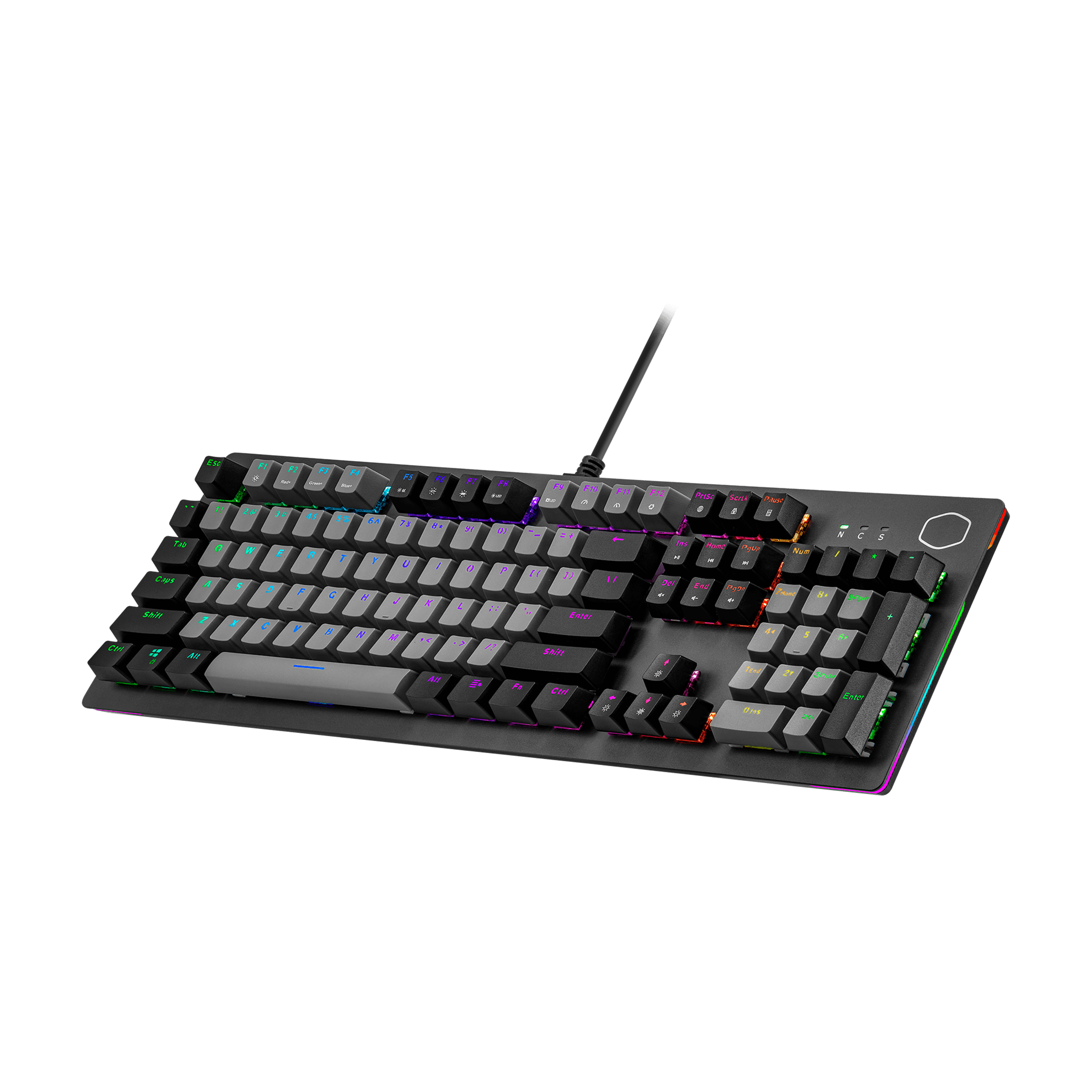 Tastiera da gioco nera con luci RGB. Sfondo bianco.