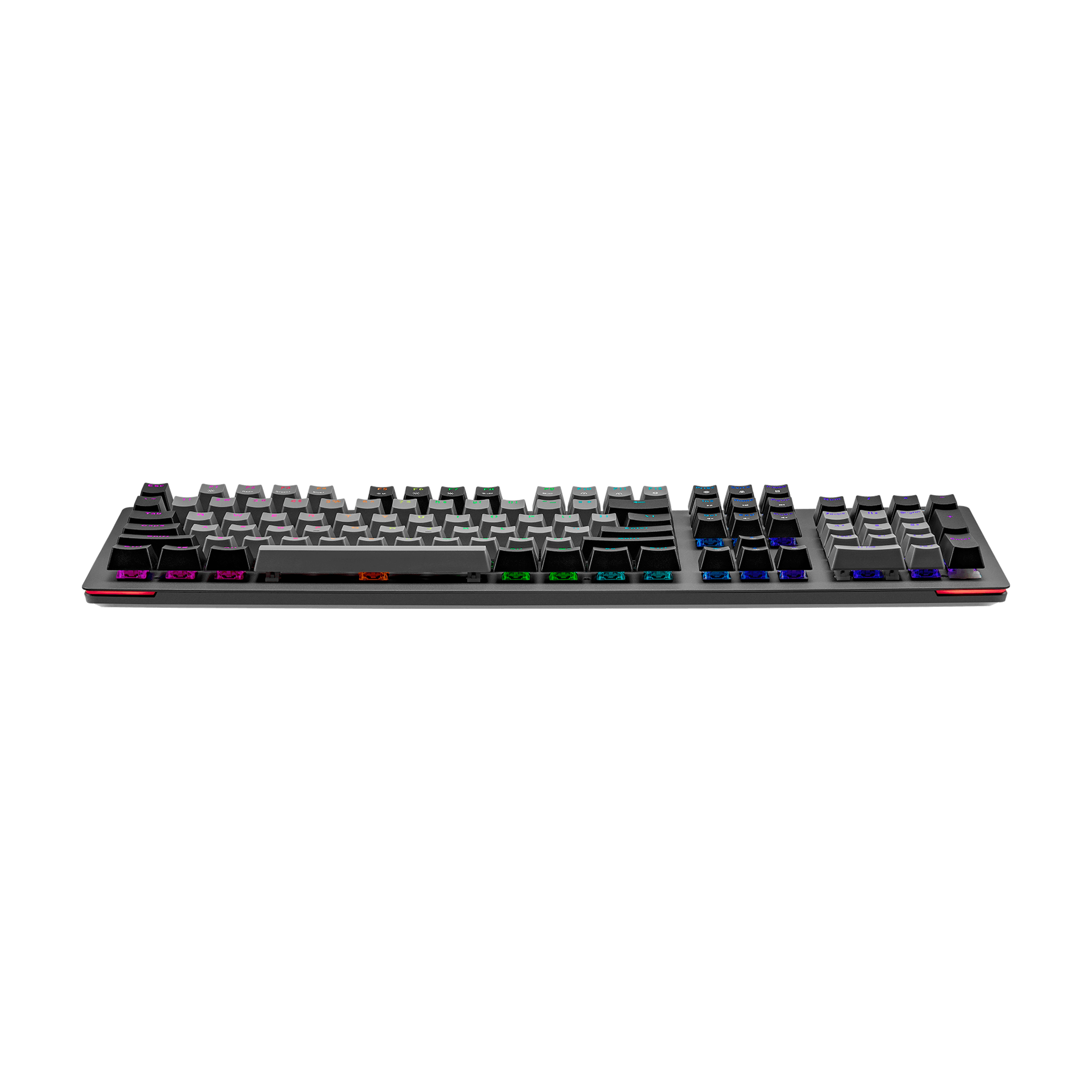 Tastiera da gioco nera con illuminazione RGB. La tastiera ha un layout standard. I tasti sono illuminati con più colori.