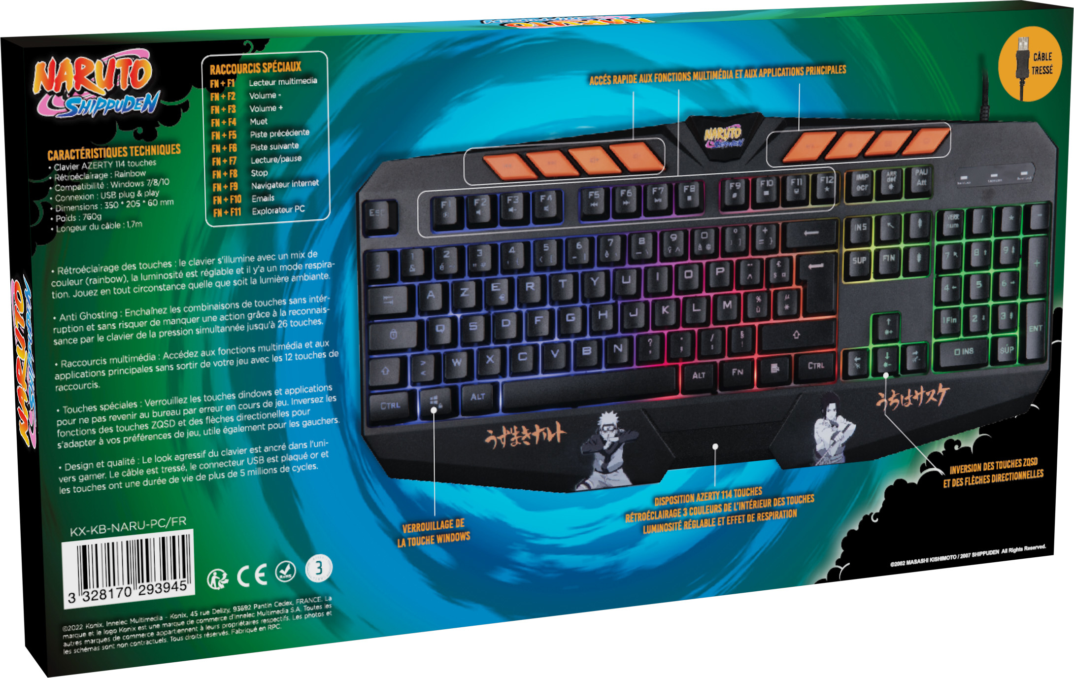 Pudełko klawiatury, czarne i pomarańczowe. Pudełko ma wzór klawiatury z logo i postaciami Naruto.