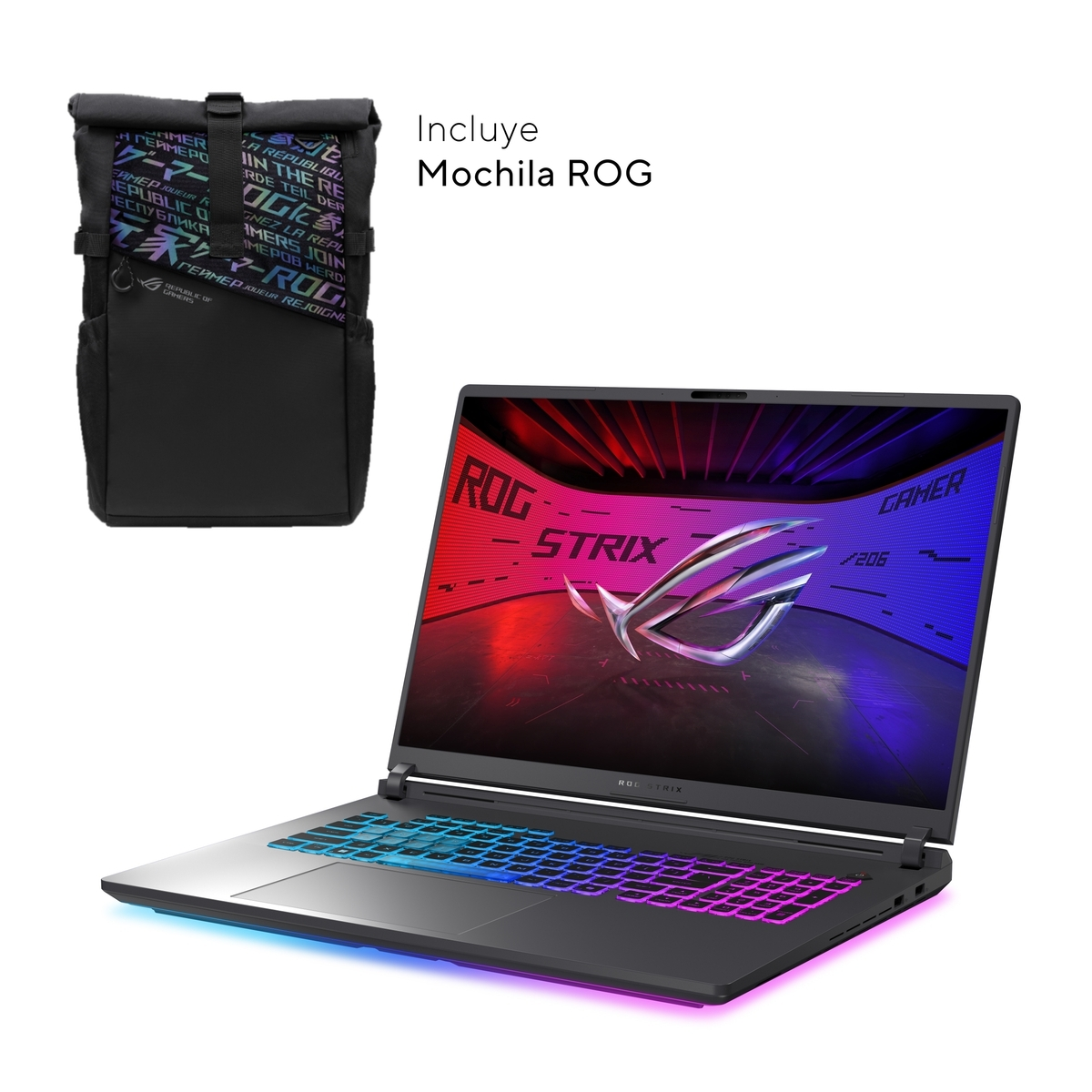 Laptop z plecakiem. Czarny laptop ze światłami RGB. Czarny plecak z logo ROG. Białe tło.