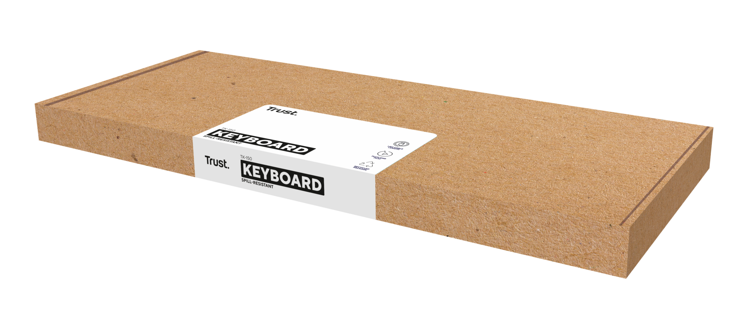 Kartonowe pudełko z klawiaturą w środku, z białą etykietą.