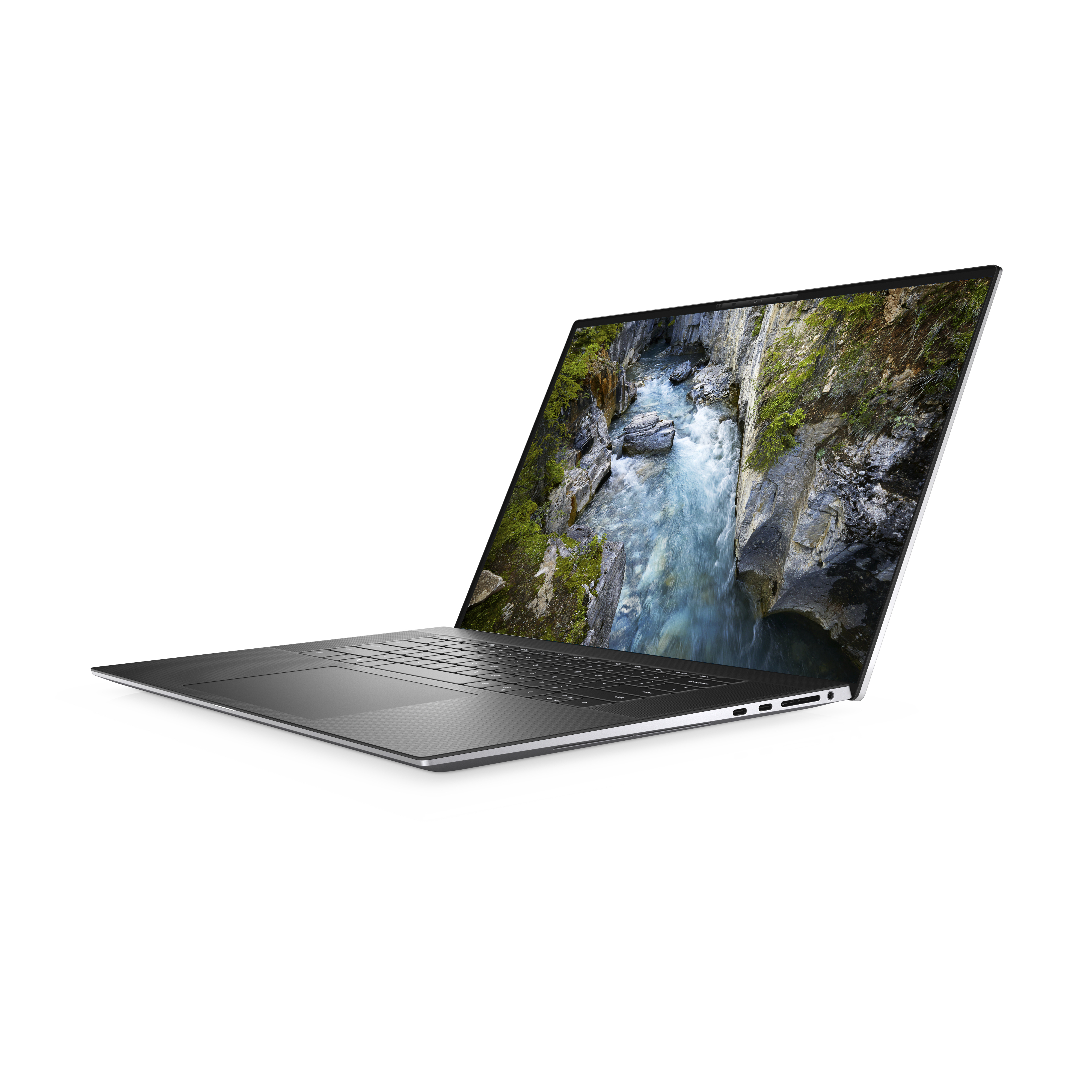 Silberner Dell-Laptop, offen, zeigt eine Flussszene auf dem Bildschirm. Weißer Hintergrund.