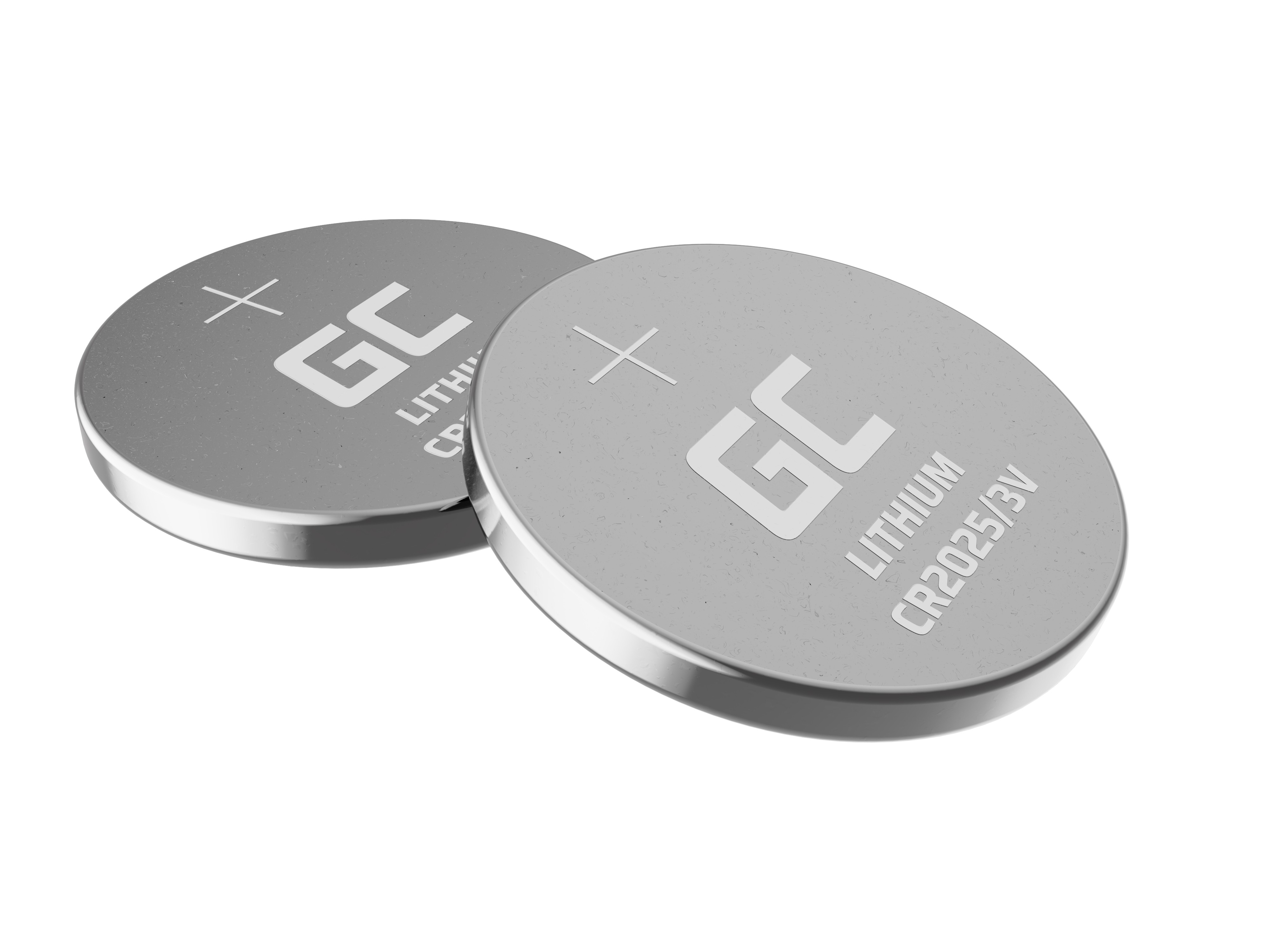 Dwie srebrne baterie pastylkowe litowe GC CR2025 3V. Baterie są okrągłe ze znakiem plus.
