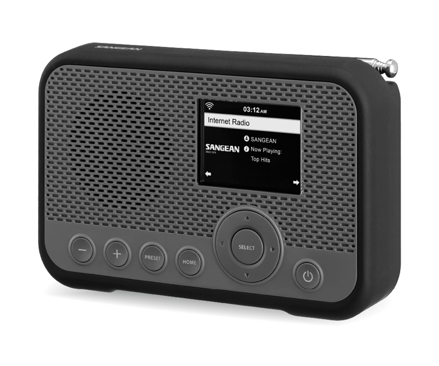 Czarny radio z wyświetlaczem pokazującym godzinę i stację. Szare przyciski poniżej. Antena wystaje.
