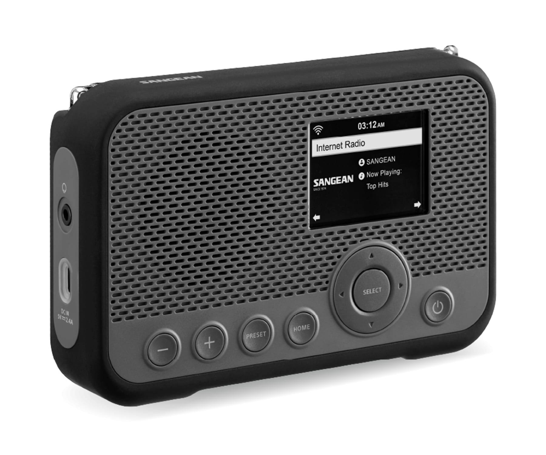 Czarno-szare radio przenośne, pokazujące interfejs radia internetowego z ekranem i przyciskami.