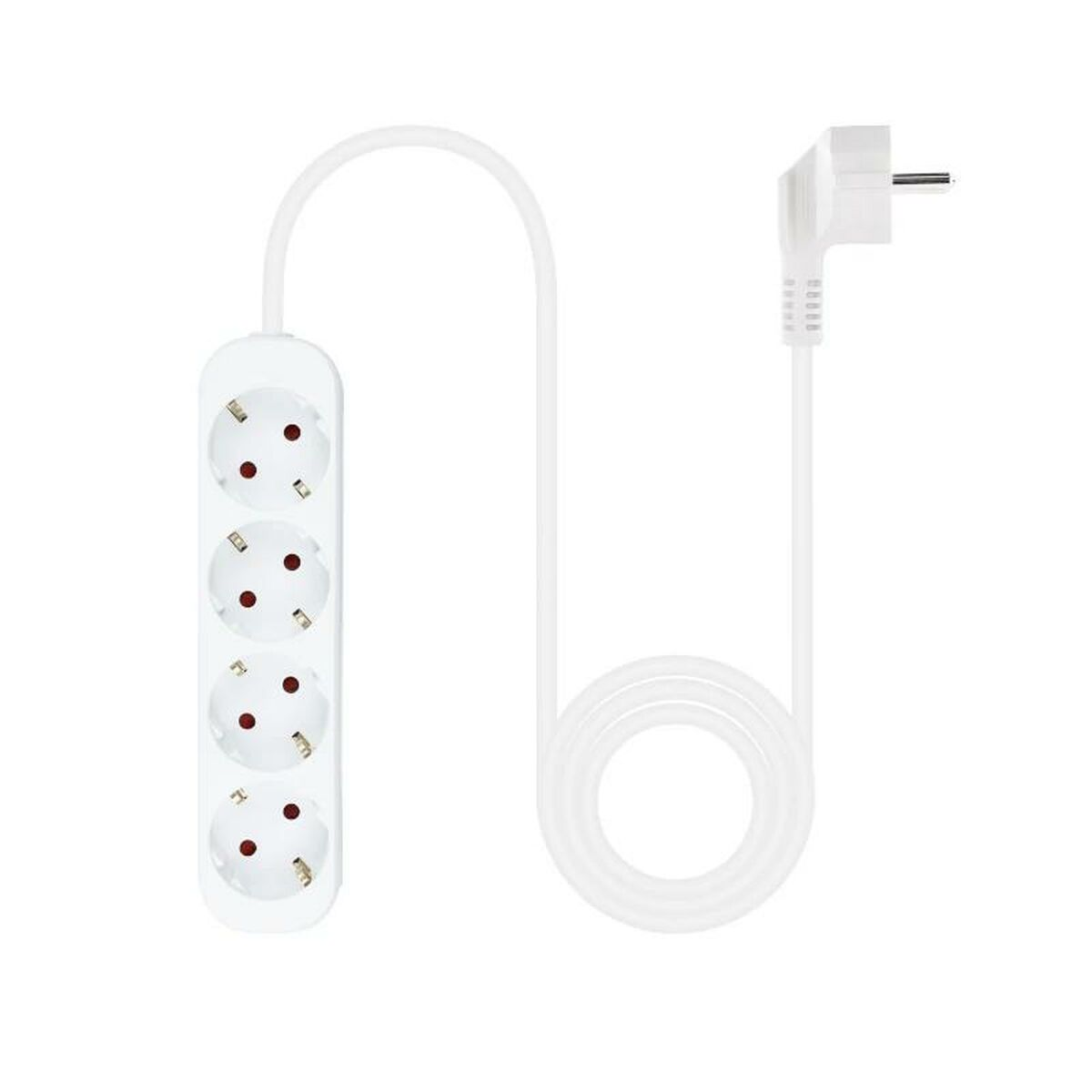 Weiße Steckdosenleiste mit vier Steckdosen und weißem Kabel mit Stecker am Ende, auf weißem Hintergrund.
