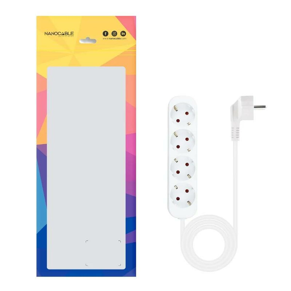 Eine weiße Nanocable-Steckdosenleiste mit 5 Steckdosen, ein weißes Kabel und eine graue Verpackung mit der Marke.