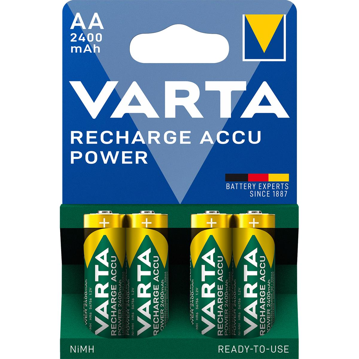 Opakowanie baterii VARTA Recharge Accu Power, dwa rzędy po dwie baterie, niebieskie i żółte.