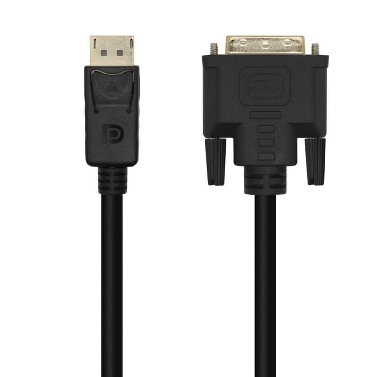 Cable DisplayPort a DVI negro con conectores negros, sobre fondo blanco.