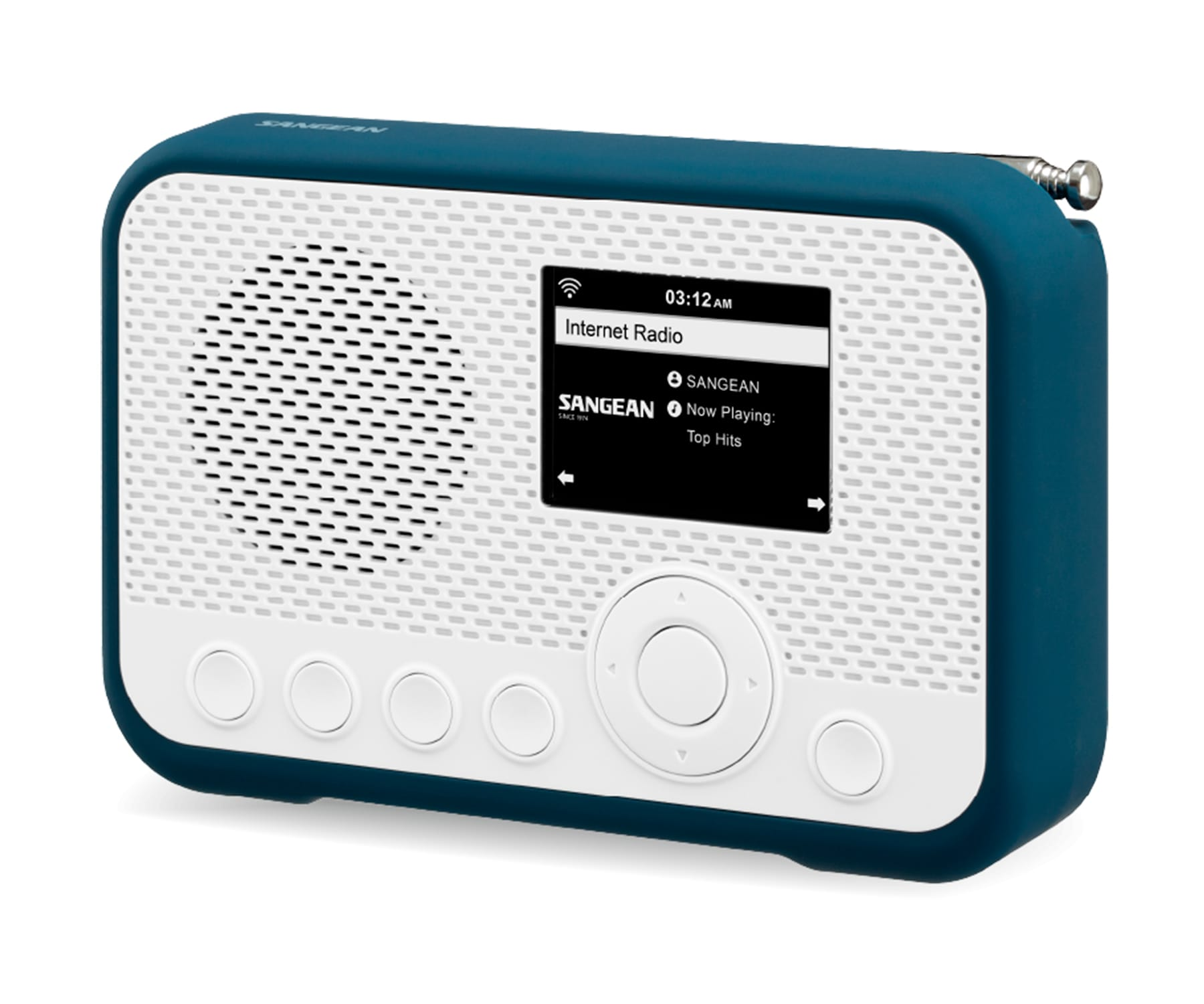 Niebiesko-białe radio z ekranem, przyciskami i małą anteną. Białe tło.