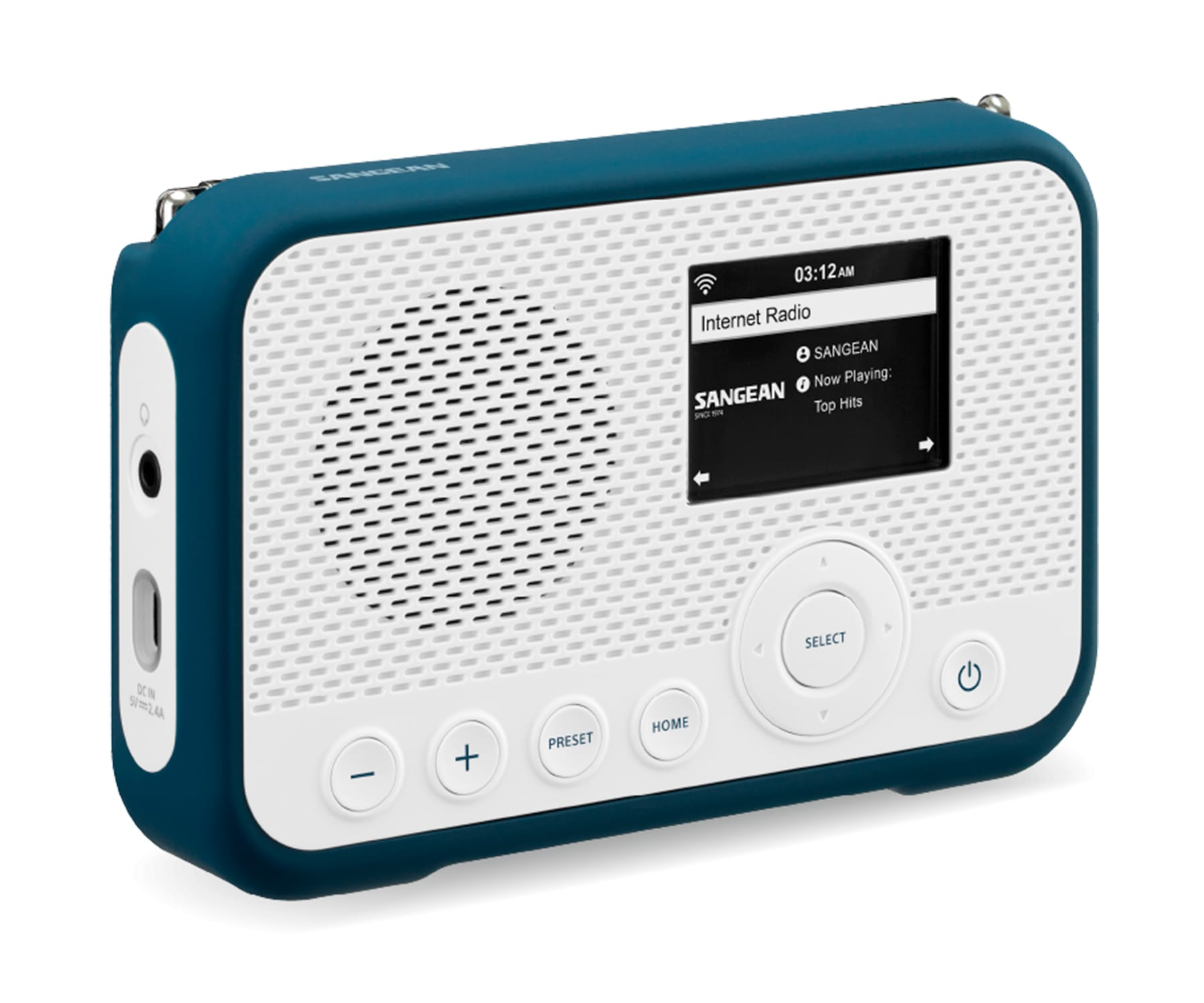 Niebiesko-białe cyfrowe radio internetowe z ekranem i przyciskami.