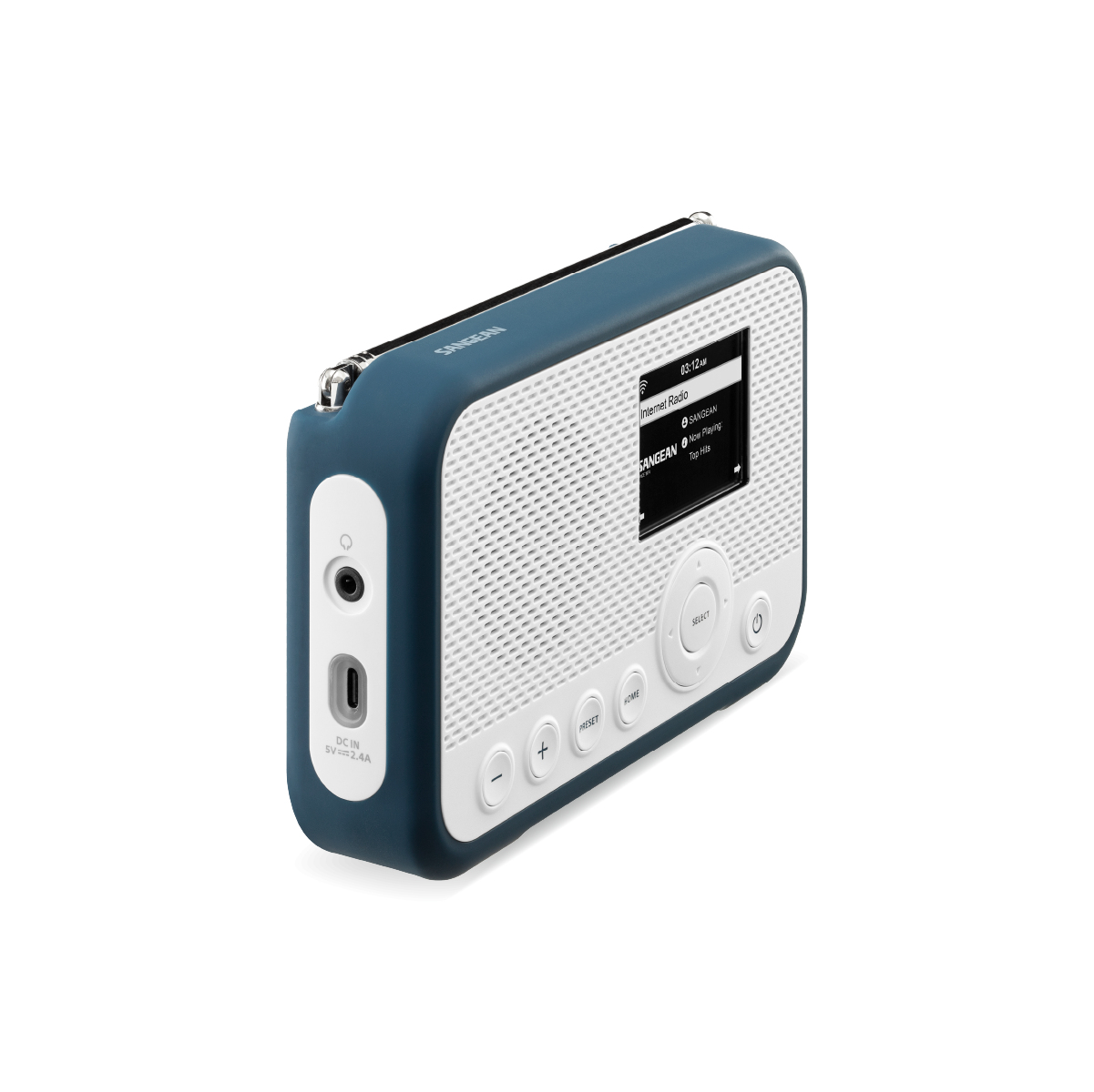 Niebiesko-białe radio, ustawione pod kątem w prawo. Ma ekran i przyciski.