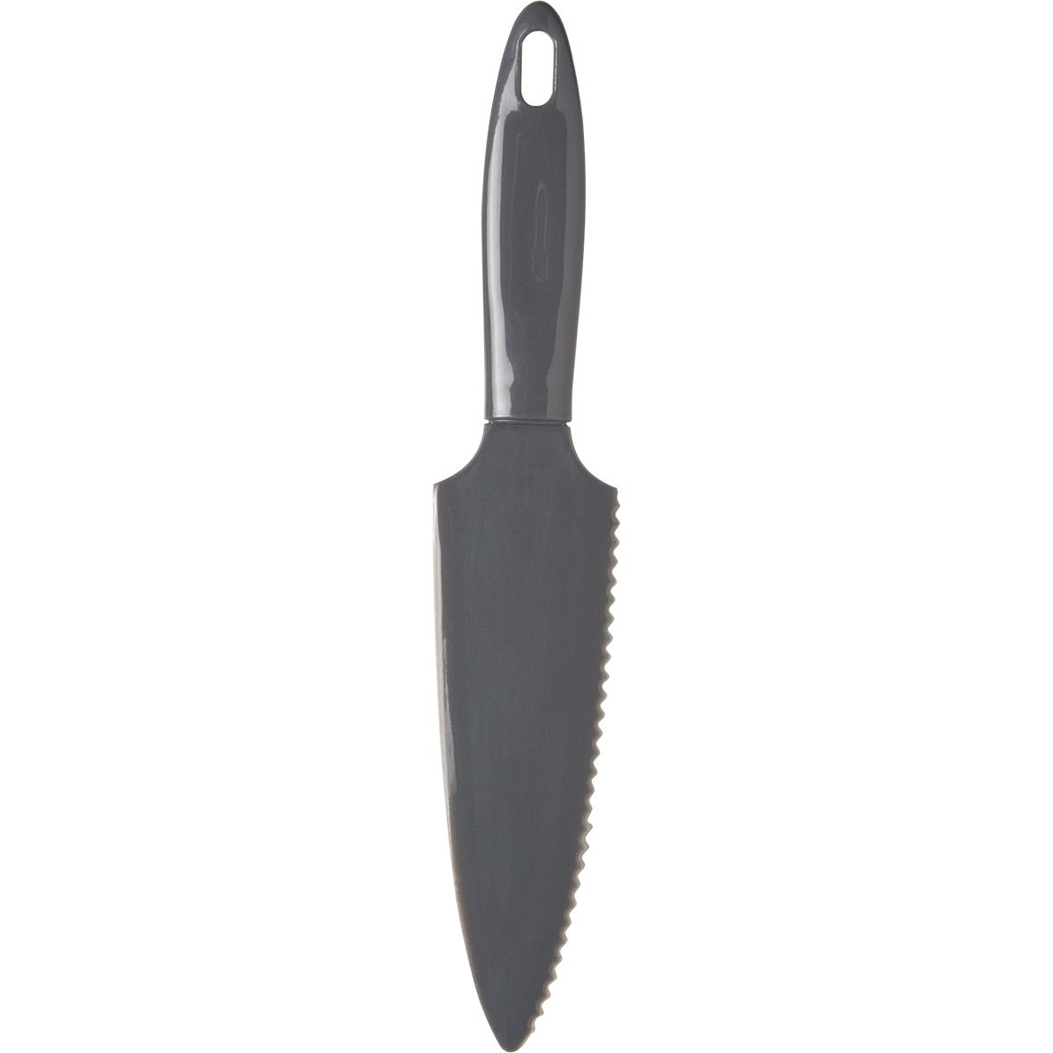 Coltello grigio seghettato su sfondo bianco. Ha un manico grigio e una lama appuntita.