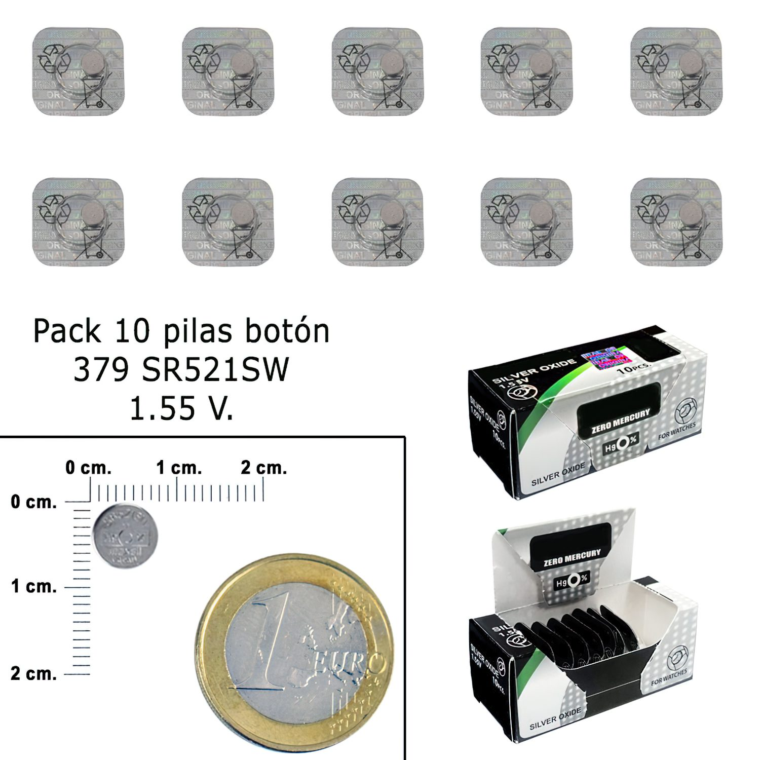 Una confezione di batterie a bottone. Accanto c'è una moneta da euro. Sfondo bianco.