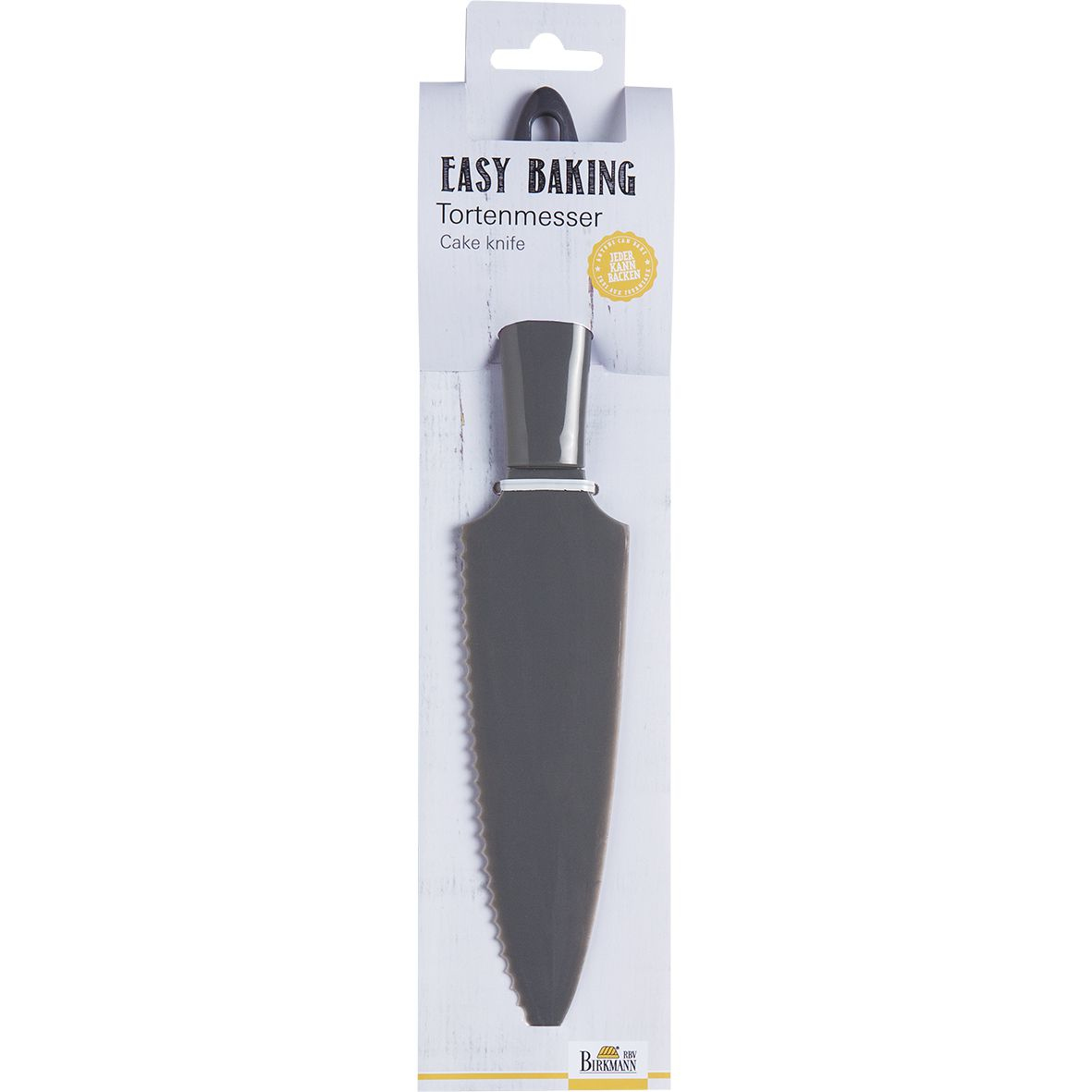 Coltello per torte nella confezione. Lama grigia con bordo seghettato.